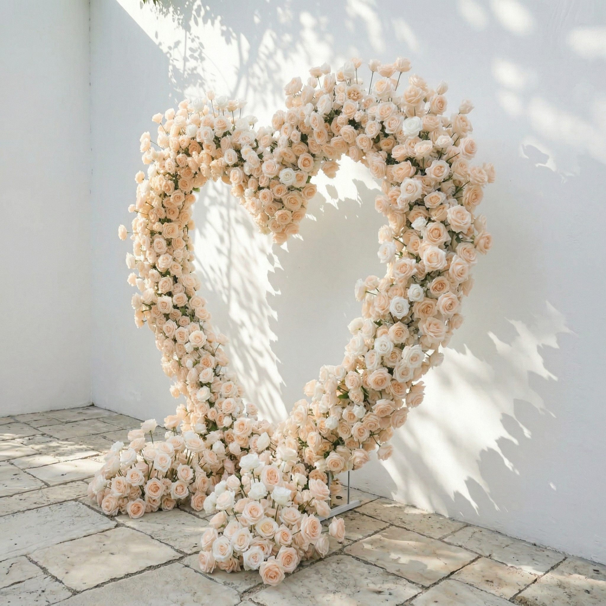 Lioren: Heart-Shaped Champagne & Soft Peach Silk Rose Flower Arch Floral Arrangement for Elegant Weddings & Proposal Events