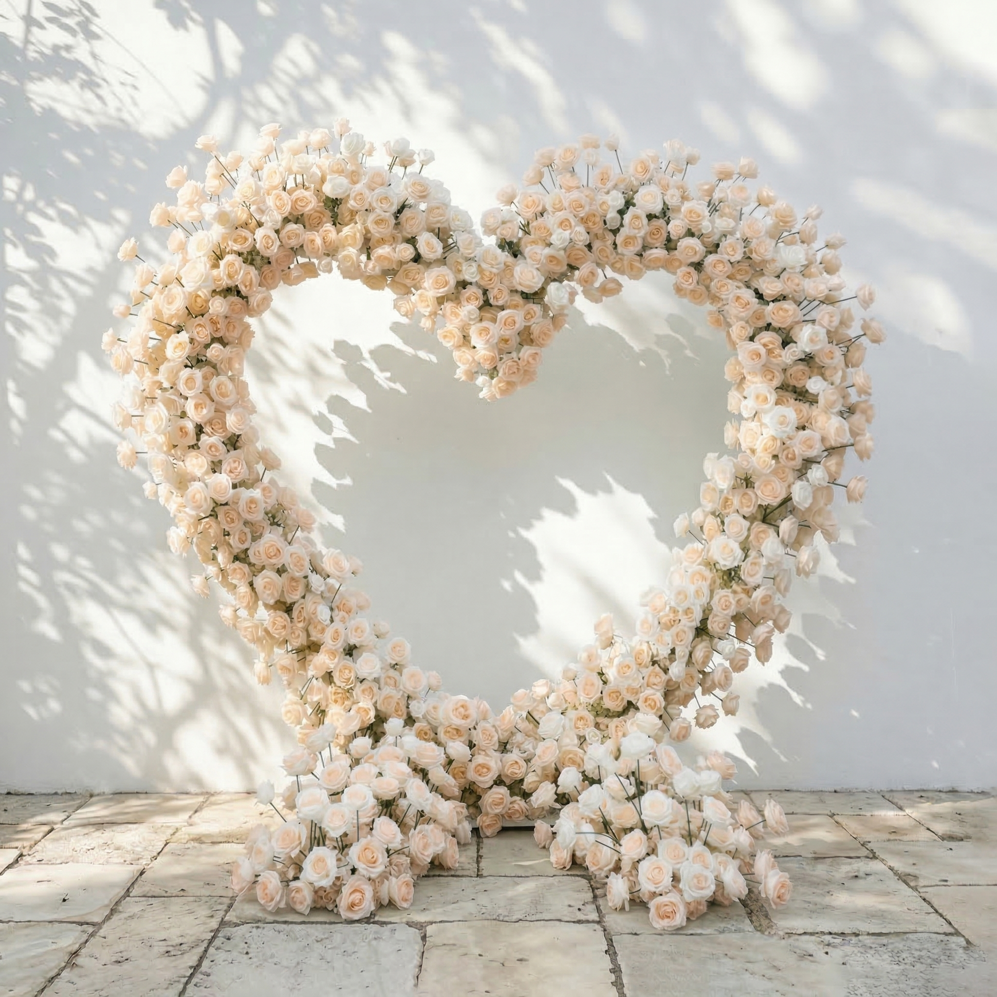 Lioren: Heart-Shaped Champagne & Soft Peach Silk Rose Flower Arch Floral Arrangement for Elegant Weddings & Proposal Events