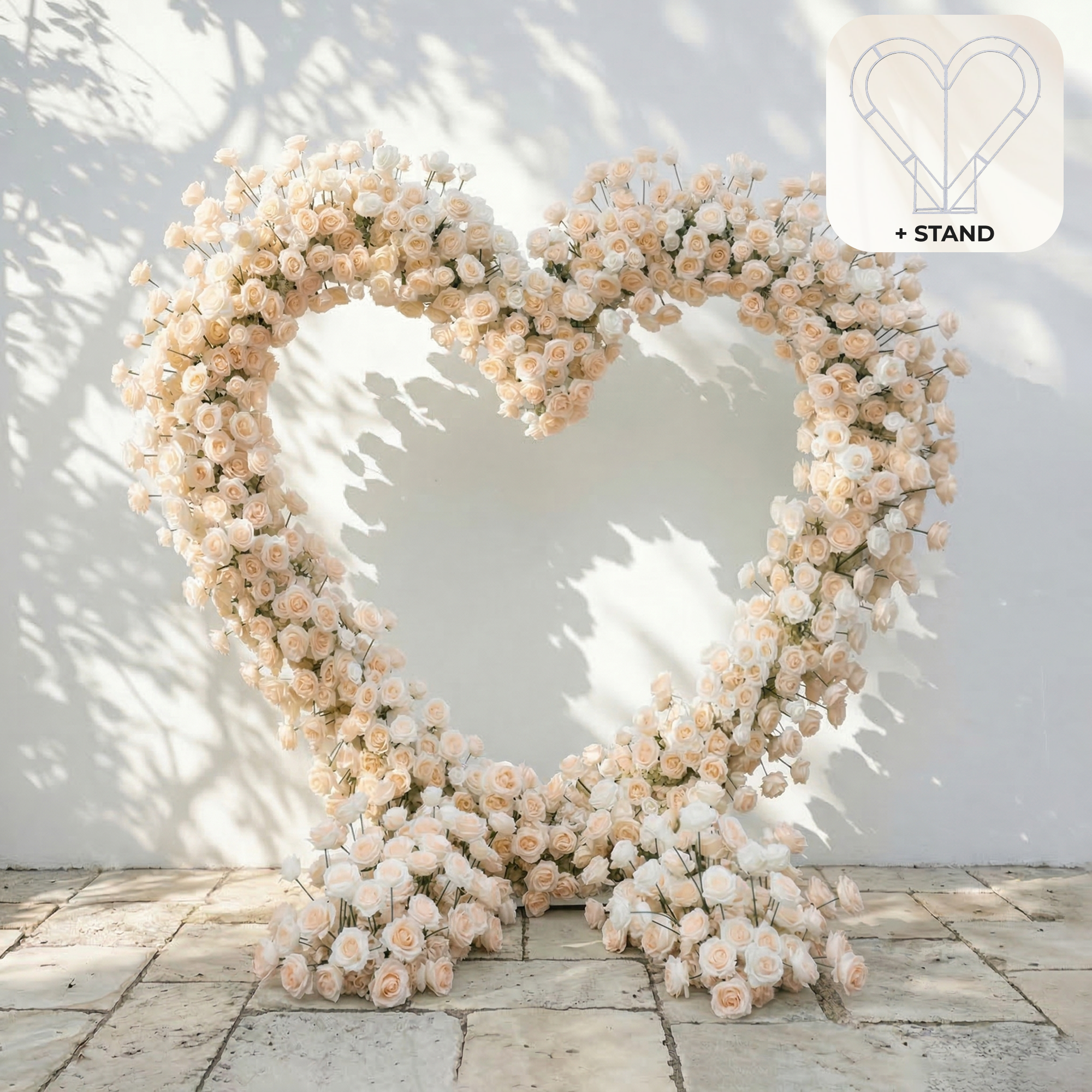 Lioren: Heart-Shaped Champagne & Soft Peach Silk Rose Flower Arch Floral Arrangement for Elegant Weddings & Proposal Events