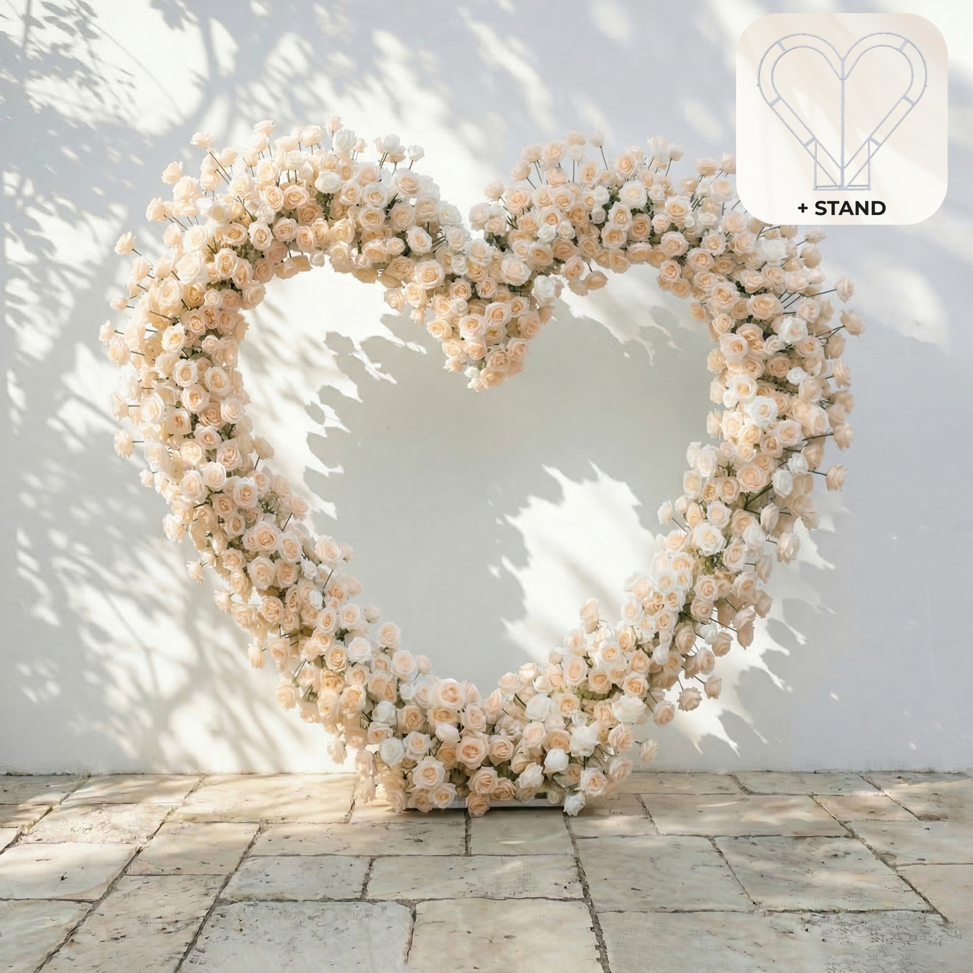 Lioren: Heart-Shaped Champagne & Soft Peach Silk Rose Flower Arch Floral Arrangement for Elegant Weddings & Proposal Events