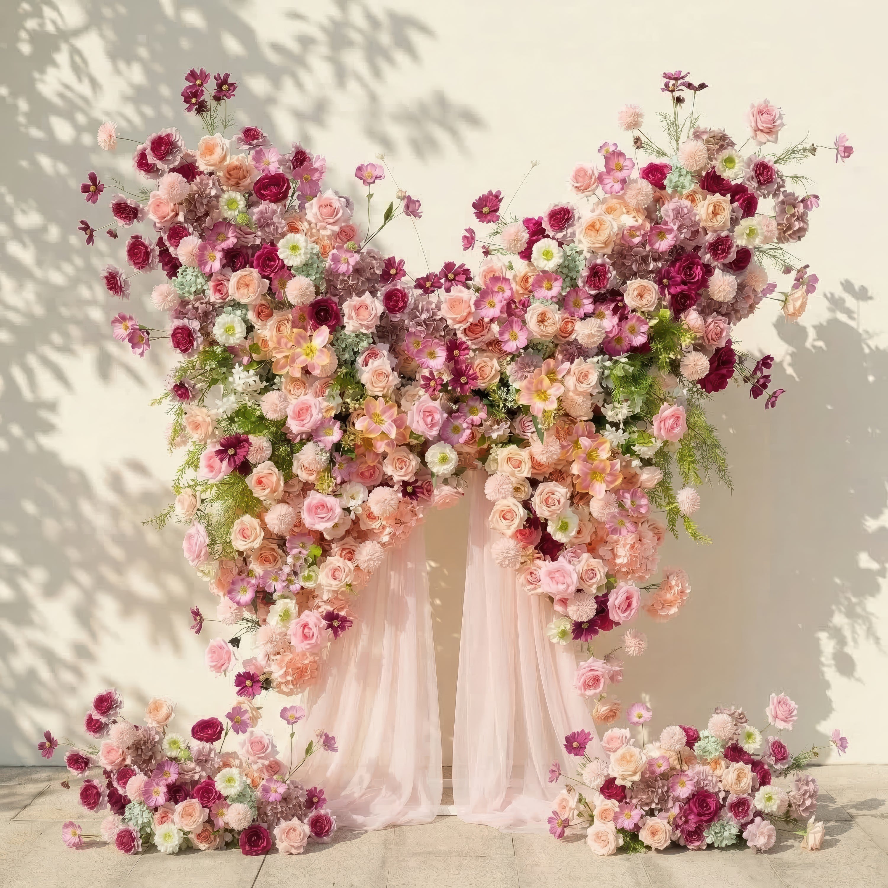 Lumeria: Exquisite Blush & Berry Butterfly-Shaped Flower Wall for Luxury Events & Parties Backdrop