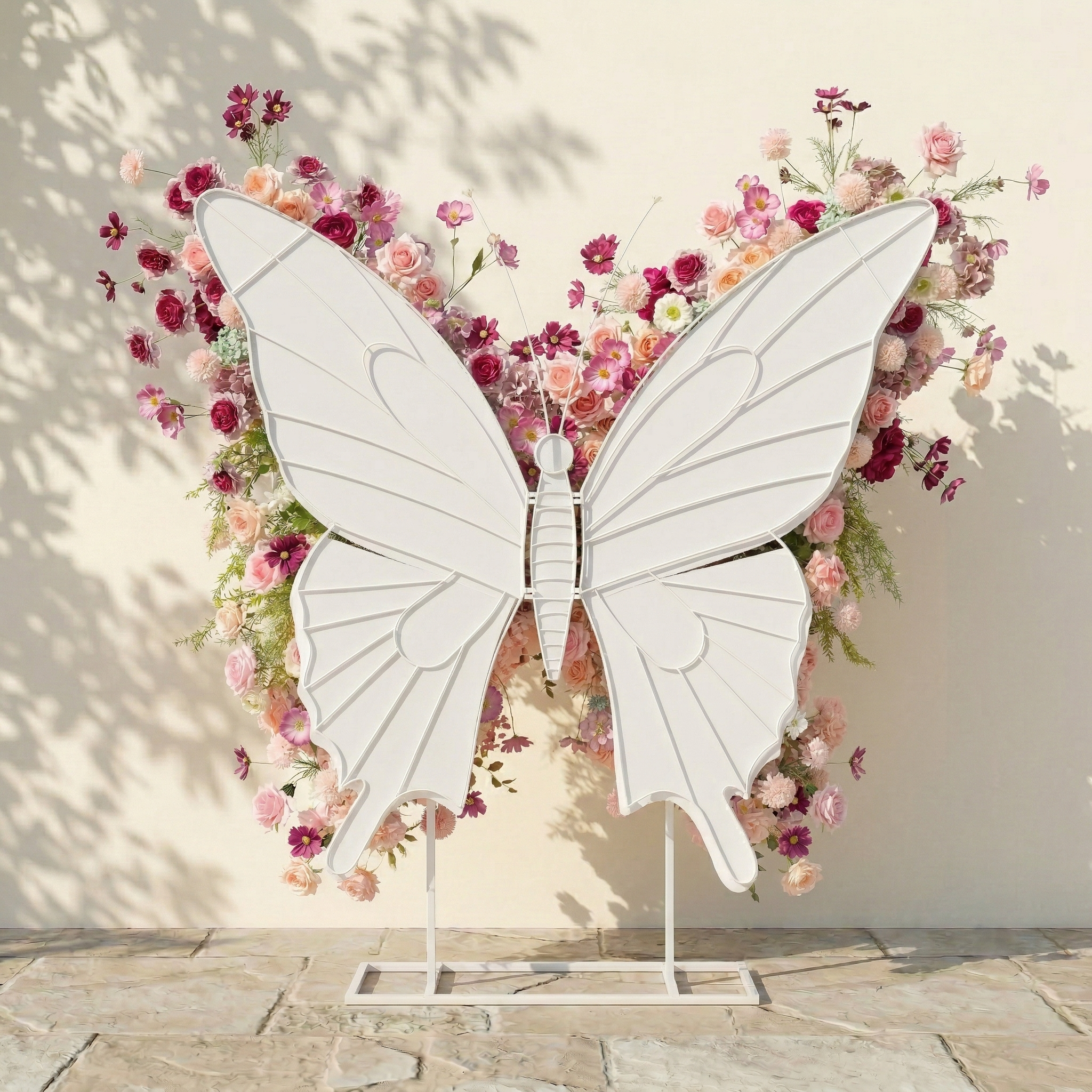 Lumeria: Exquisite Blush & Berry Butterfly-Shaped Flower Wall for Luxury Events & Parties Backdrop