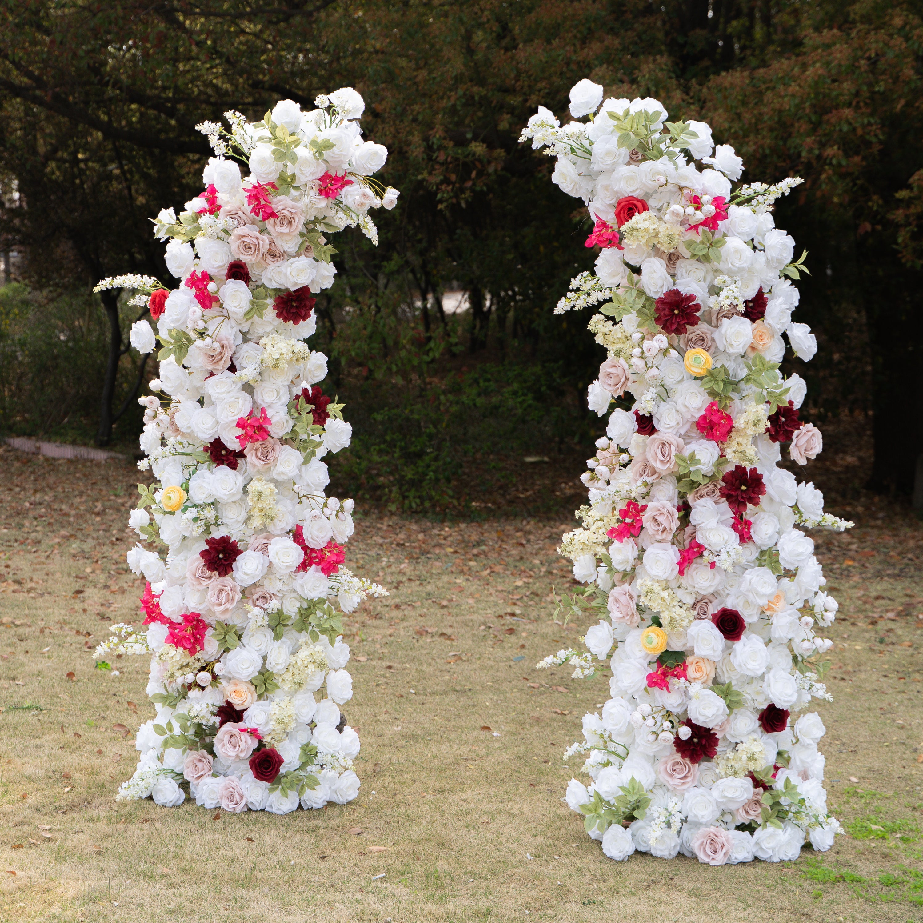 Lyrix: Luxury Burgundy & Blush Silk Rose Ground Arch Arrangement for Dreamy Bridal Showers & Vibrant Event Decor