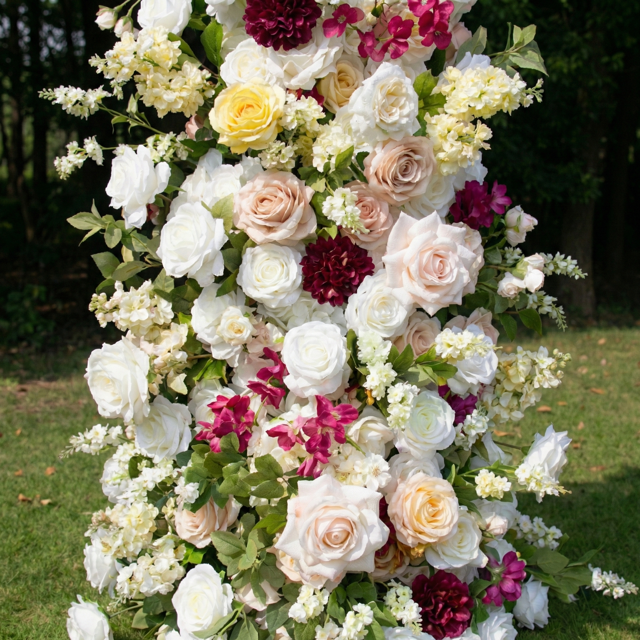 Lyrix: Luxury Burgundy & Blush Silk Rose Ground Arch Arrangement for Dreamy Bridal Showers & Vibrant Event Decor