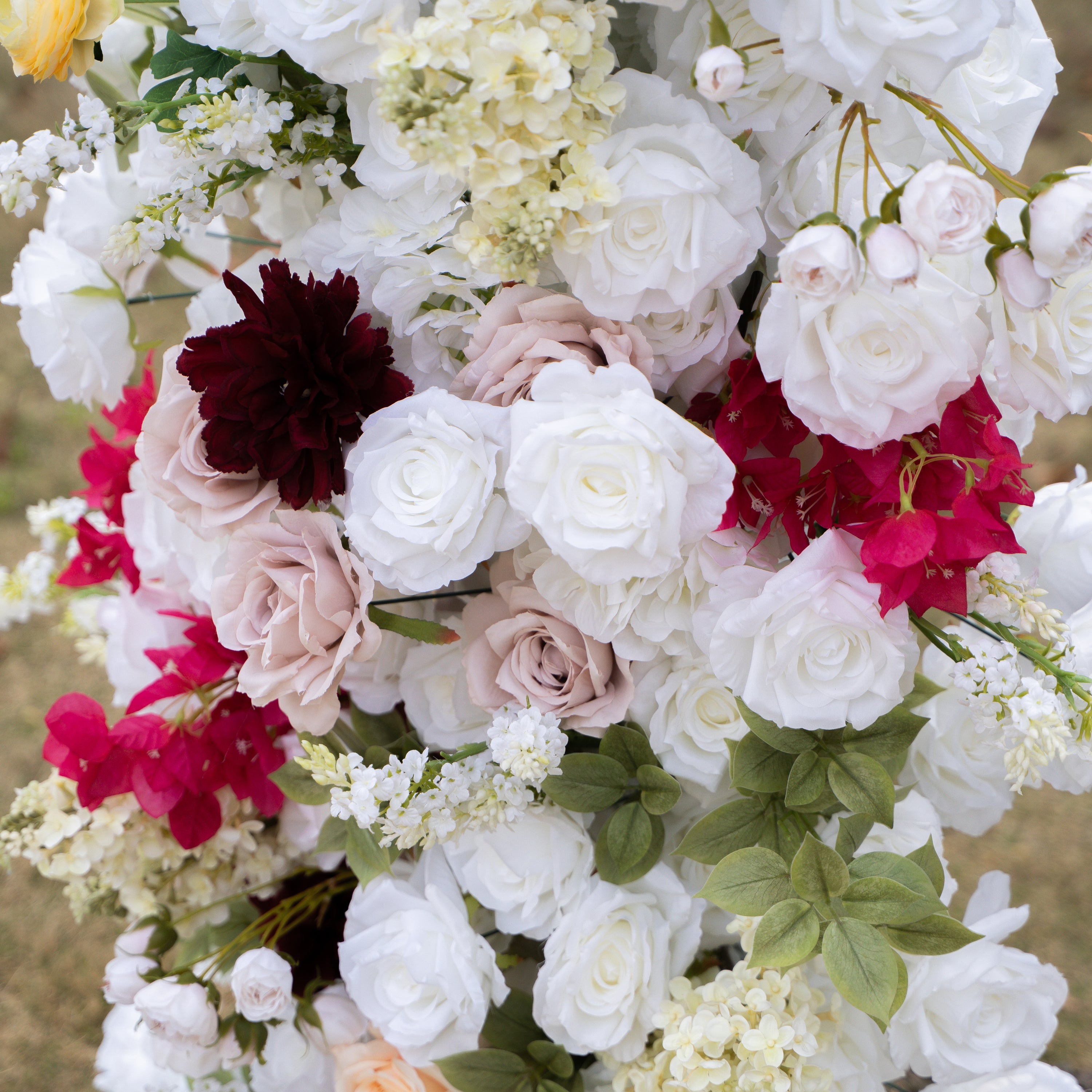 Lyrix: Luxury Burgundy & Blush Silk Rose Ground Arch Arrangement for Dreamy Bridal Showers & Vibrant Event Decor