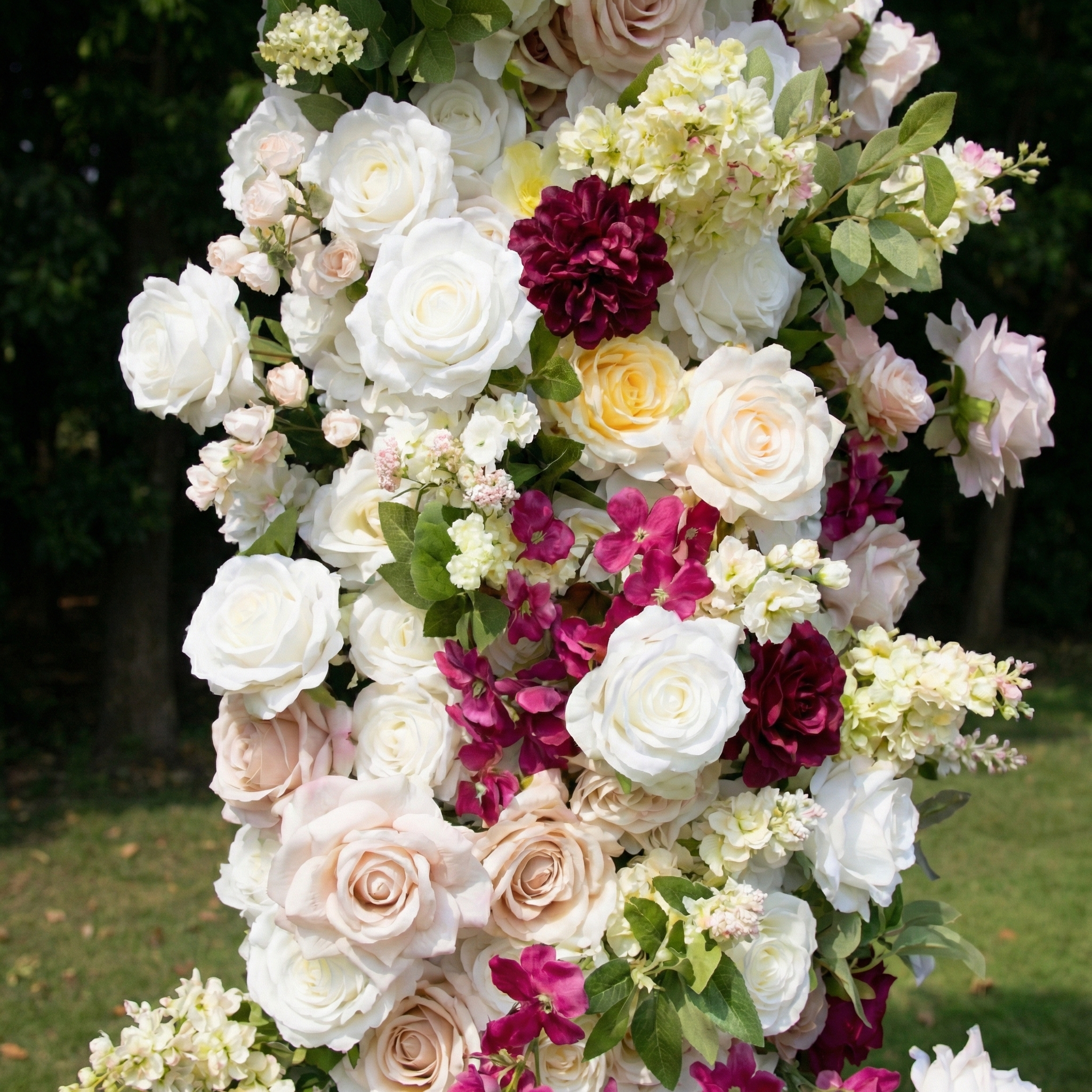 Lyrix: Luxury Burgundy & Blush Silk Rose Ground Arch Arrangement for Dreamy Bridal Showers & Vibrant Event Decor