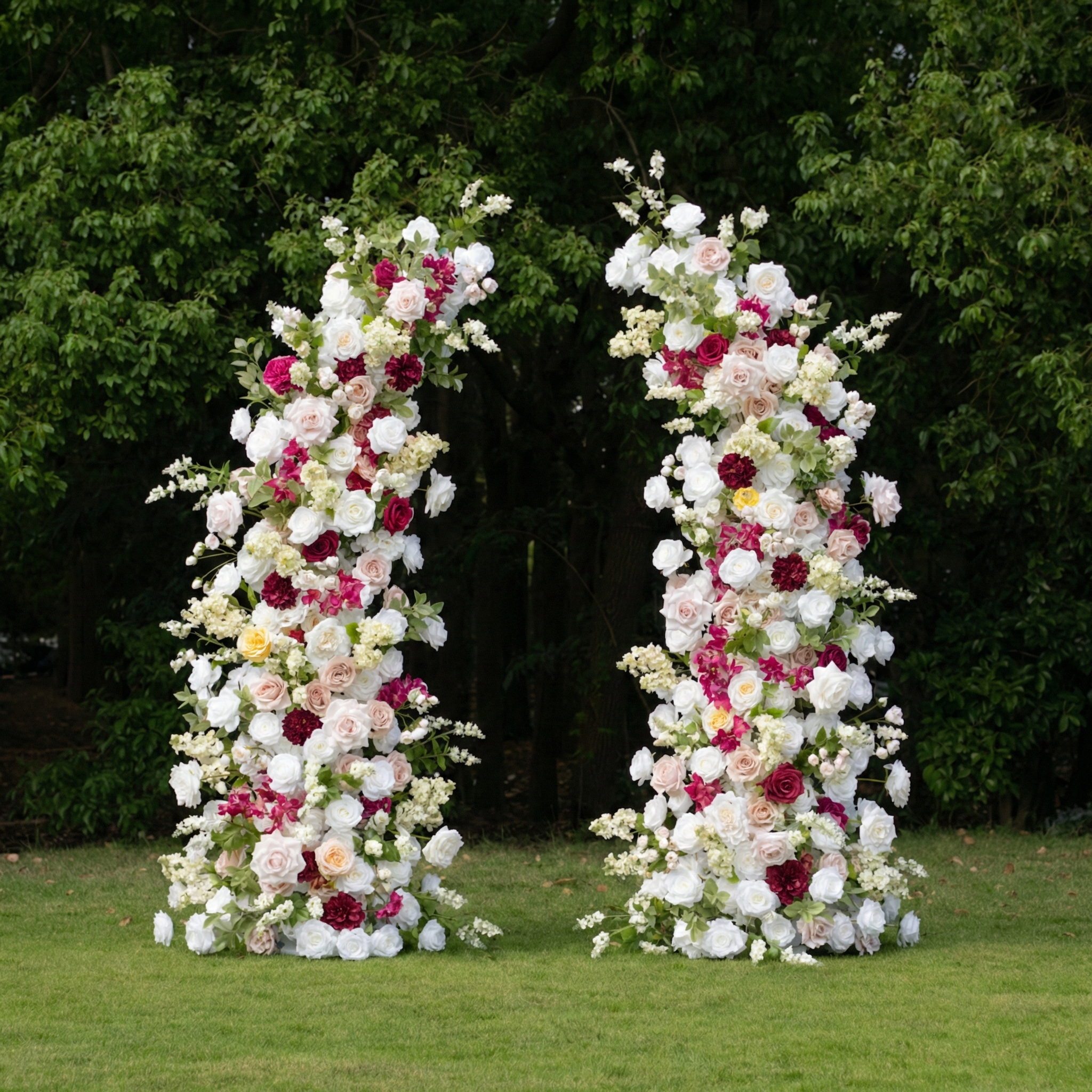 Lyrix: Luxury Burgundy & Blush Silk Rose Ground Arch Arrangement for Dreamy Bridal Showers & Vibrant Event Decor