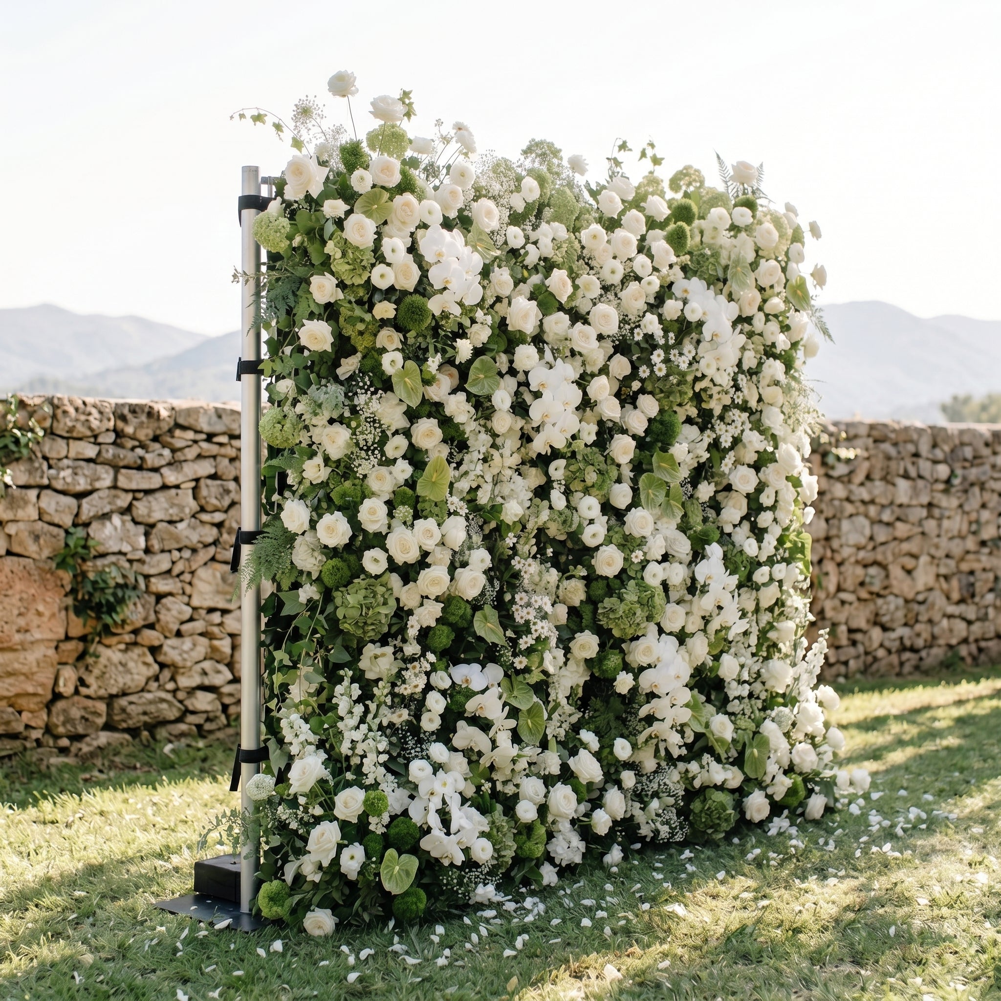 Marellina:5D Green & Ivory White Silk Rose Flower Wall Roll-Up Fabric Backdrop for Romantic Weddings & Proposals
