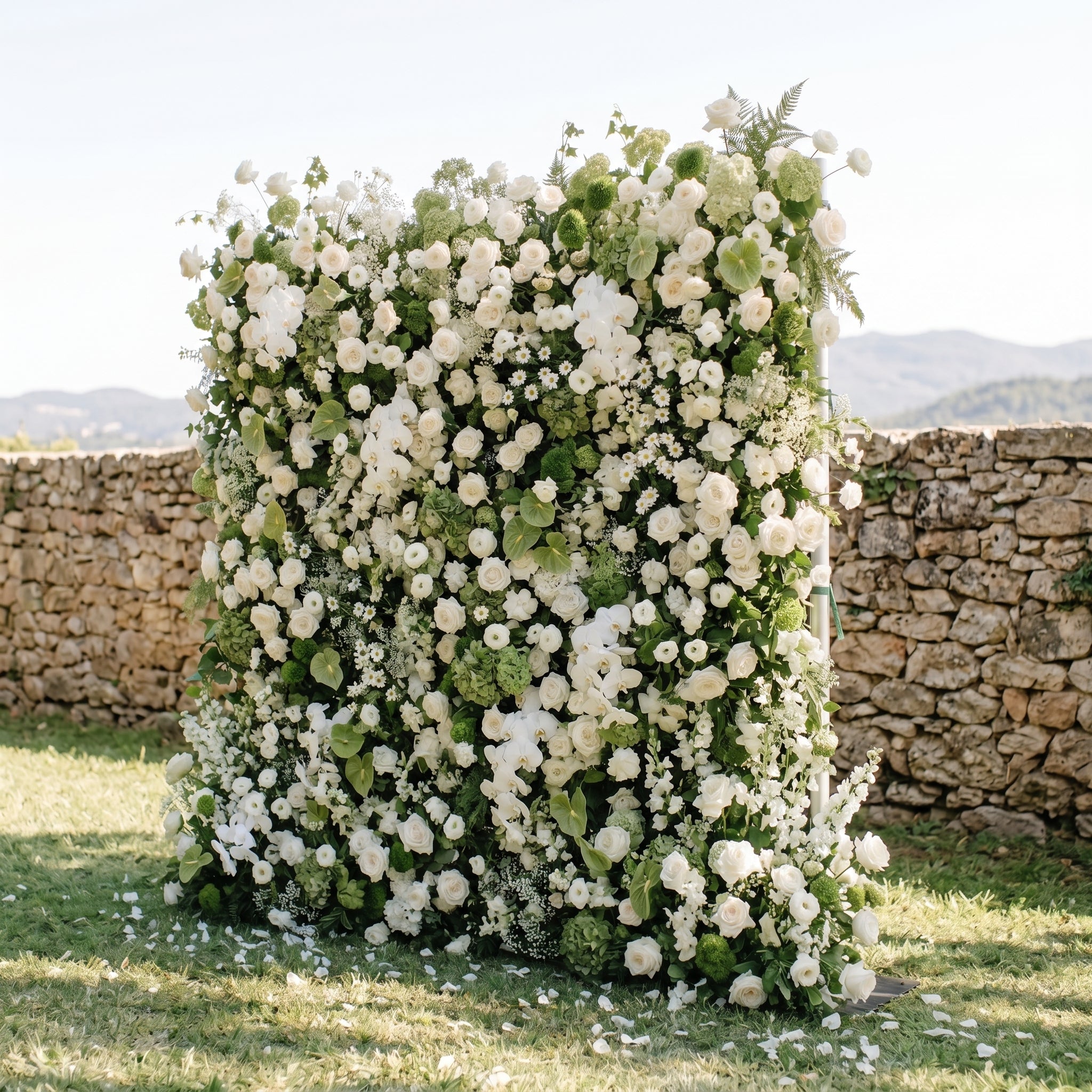 Marellina:5D Green & Ivory White Silk Rose Flower Wall Roll-Up Fabric Backdrop for Romantic Weddings & Proposals