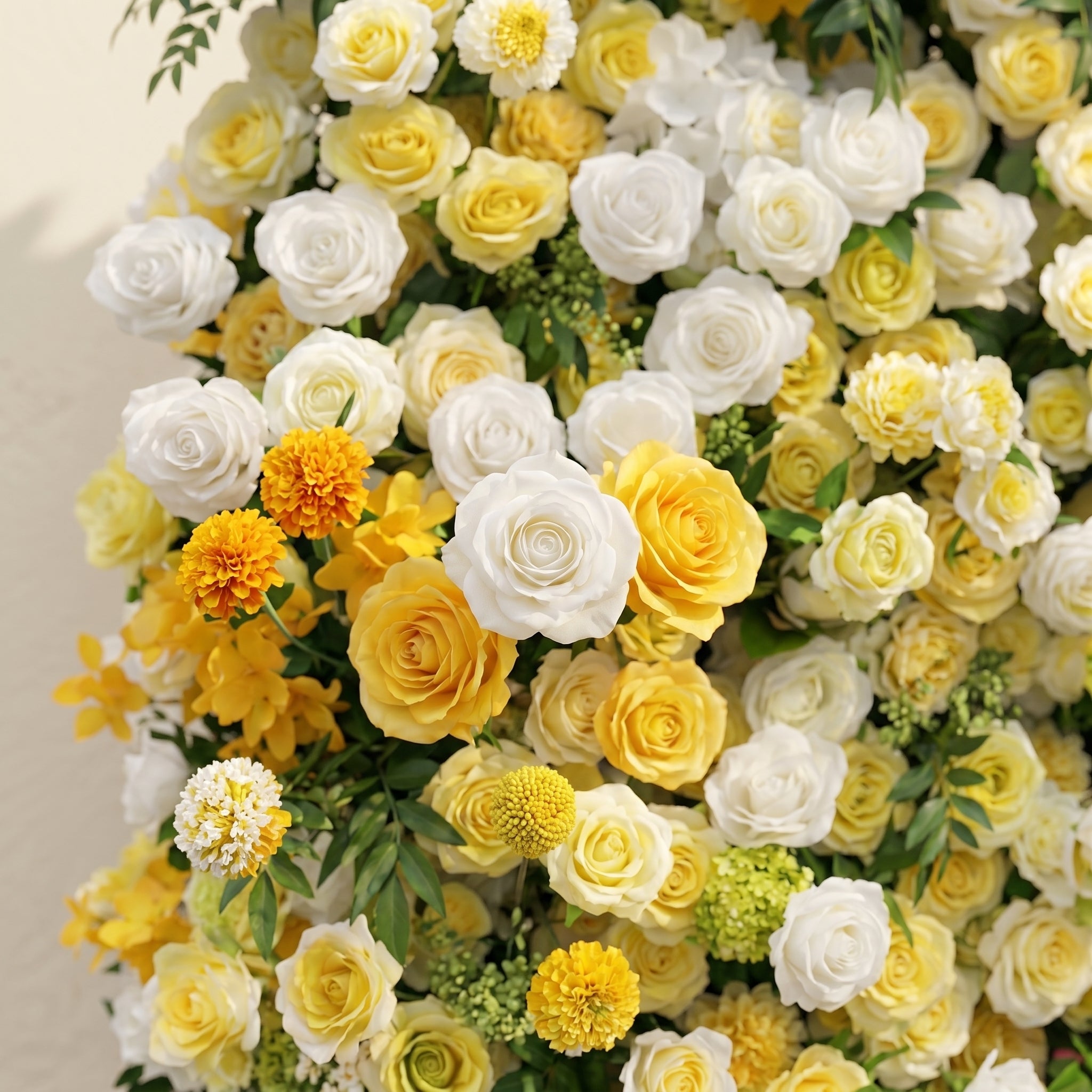 Marellyn:5D Bright Yellow & Ivory White Silk Rose Flower Wall Roll-Up Fabric Backdrop for Romantic Weddings & Proposals