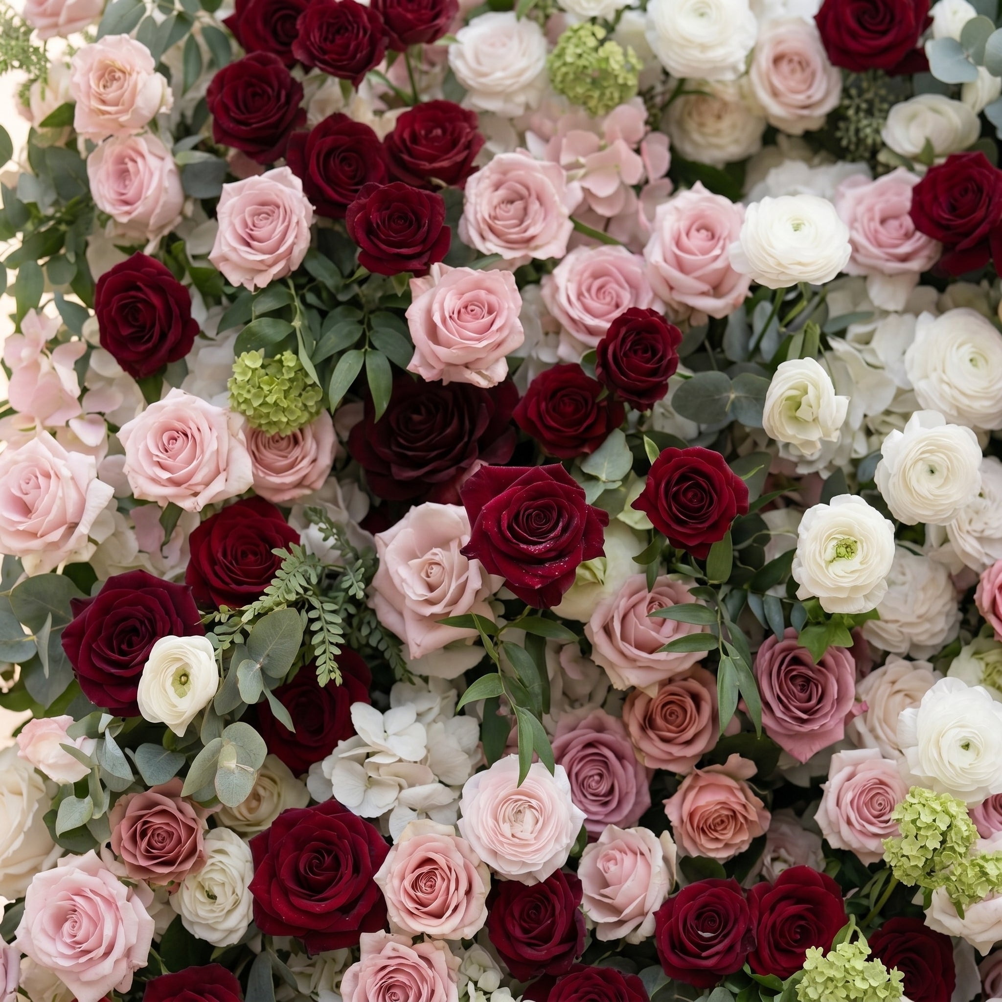 Mavenrella:5D Burgundy Red, Blush Pink & Ivory White Silk Rose Flower Wall Roll-Up Fabric Backdrop for Romantic Weddings & Proposals