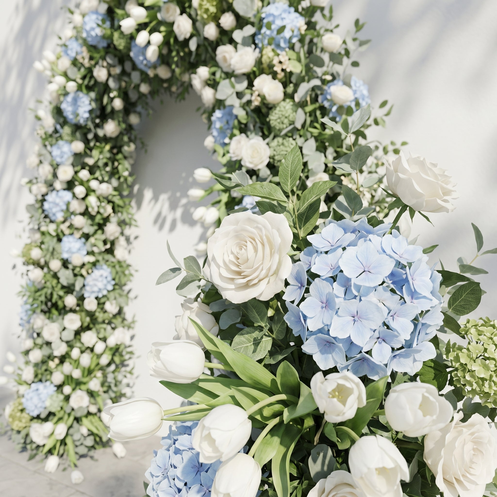 Mavenrella Flower Arch: Luxury Classic White&Green Floral Arch with Light Blue Hydrangeas Flower Arch for Weddings&Events Decoration Incuding Frame