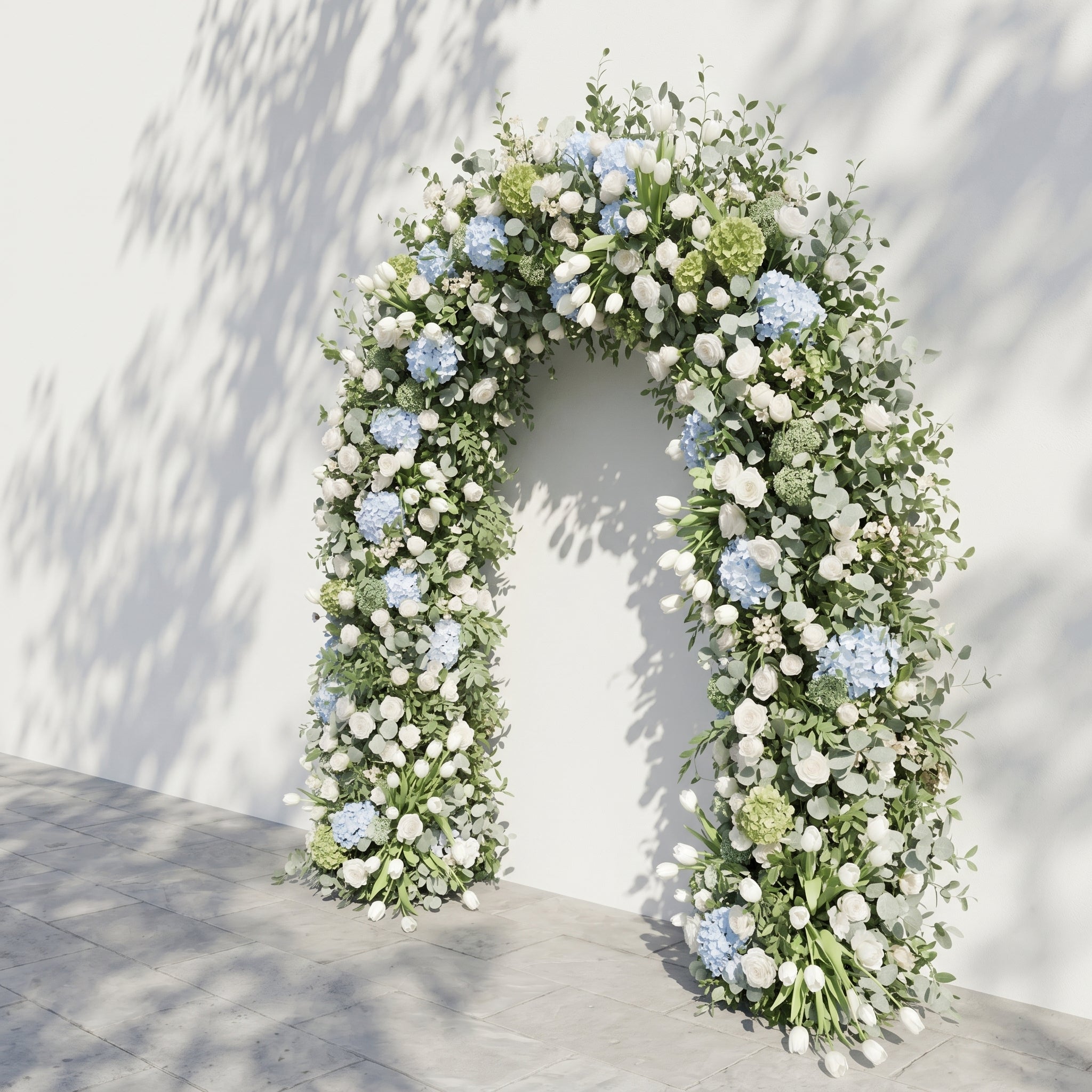 Mavenrella Flower Arch: Luxury Classic White&Green Floral Arch with Light Blue Hydrangeas Flower Arch for Weddings&Events Decoration Incuding Frame