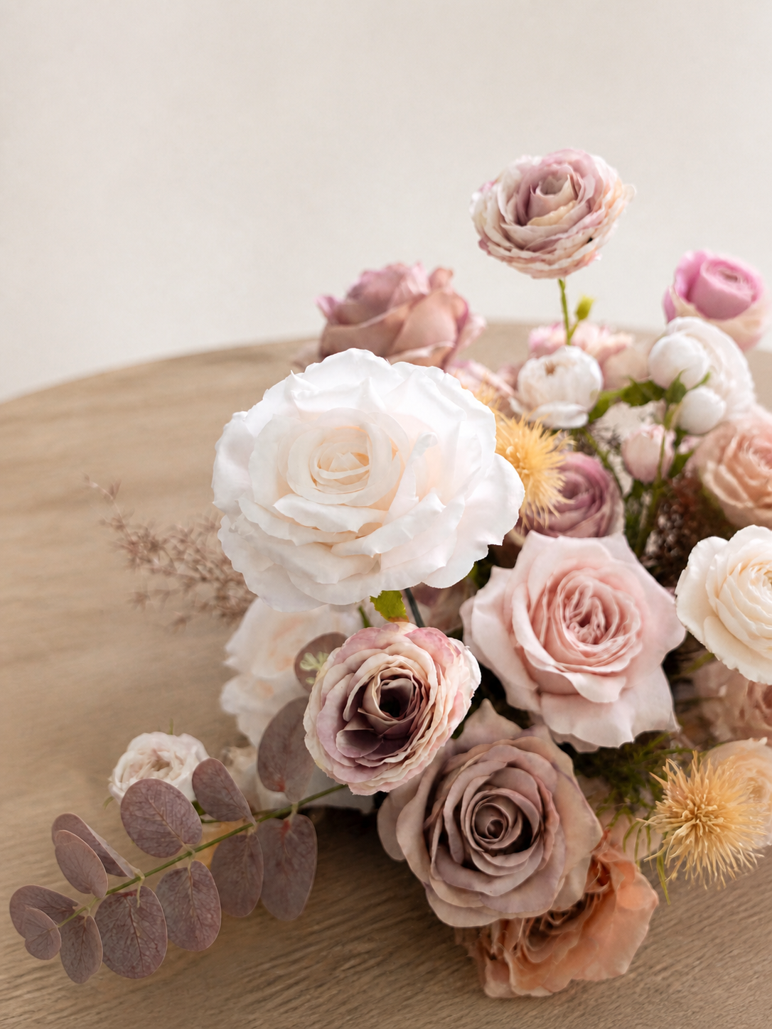 9" Dusty Blush Roses & Autumn Eucalyptus Small Floral Centerpiece for Wedding Reception Guest Tables in Dusty Blush Reverie | Vera
