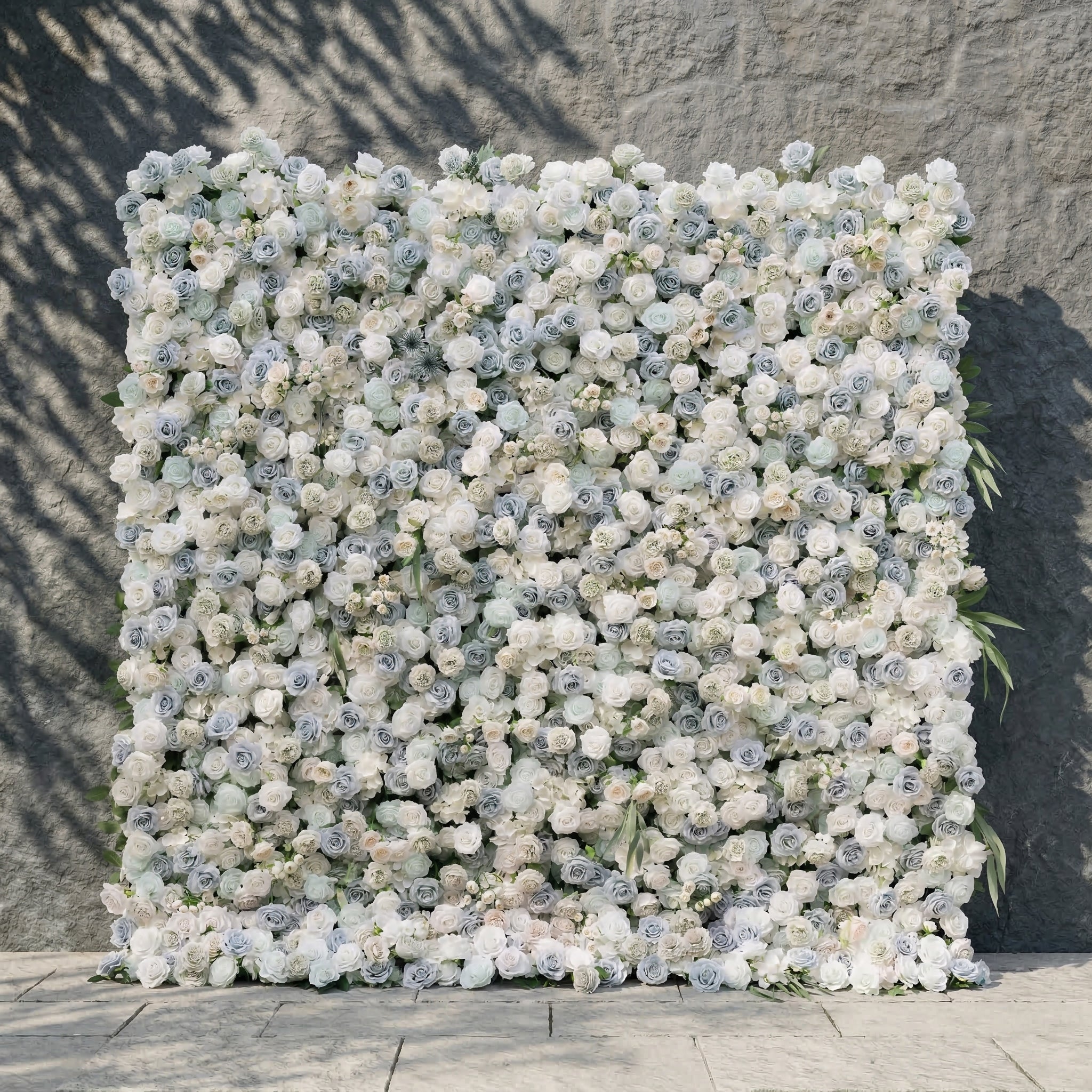 Mireli: 5D Dusty Blue and Ivory Silk Rose Flower Wall Roll-Up Fabric Backdrop for Elegant Weddings & Events
