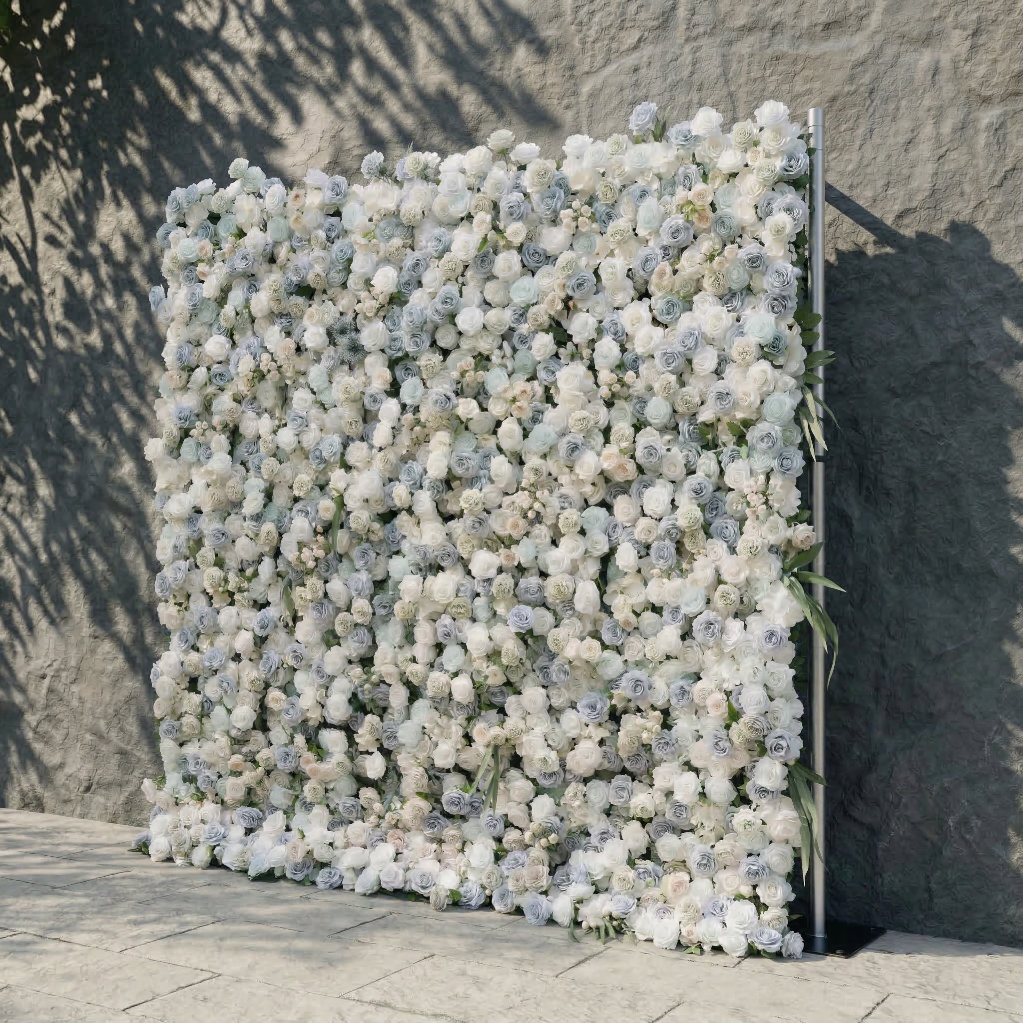 Mireli: 5D Dusty Blue and Ivory Silk Rose Flower Wall Roll-Up Fabric Backdrop for Elegant Weddings & Events