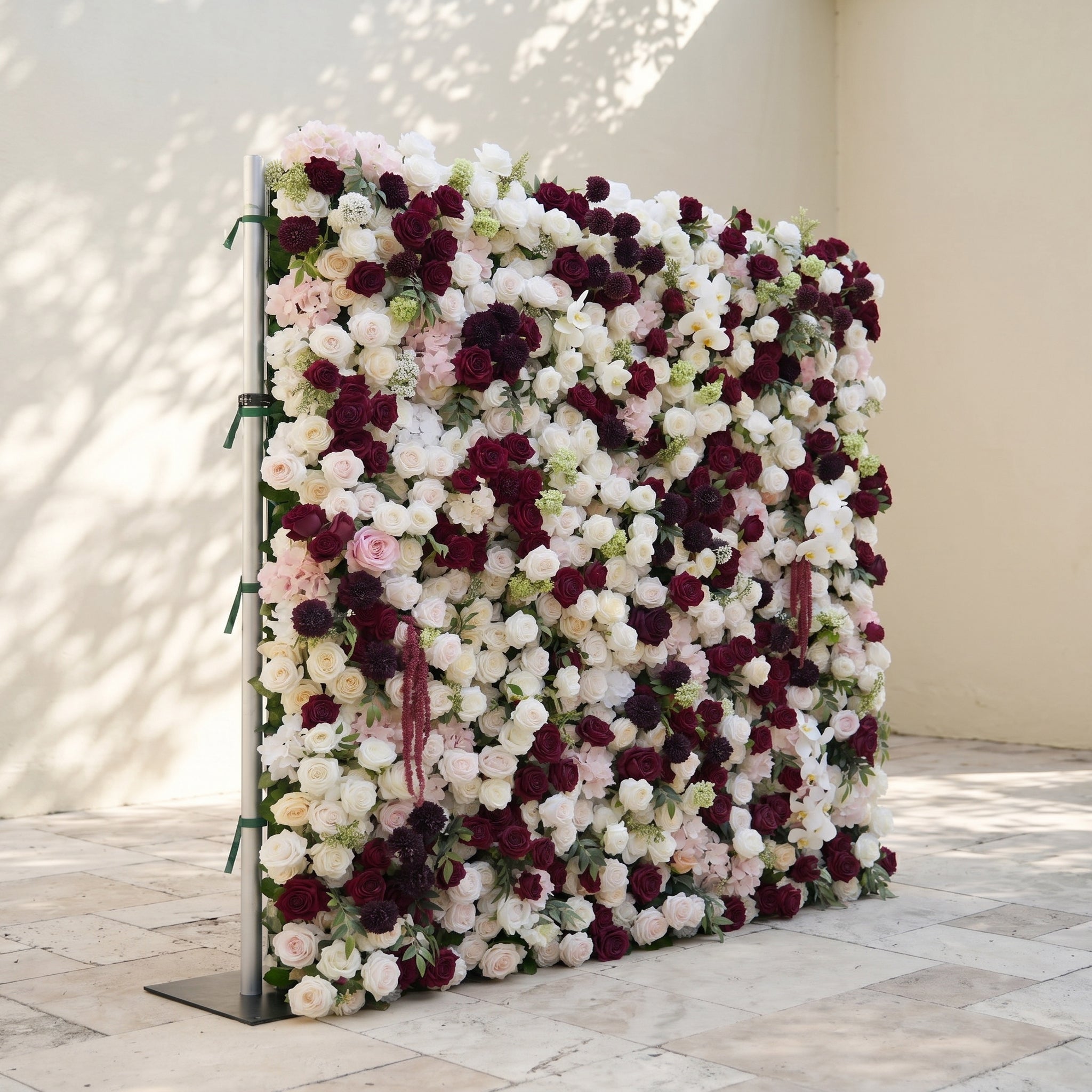 Mirenorae: Luxury 5D Burgundy Red & Ivory White Silk Floral Wall Roll-Up Fabric Backdrop for Grand Weddings