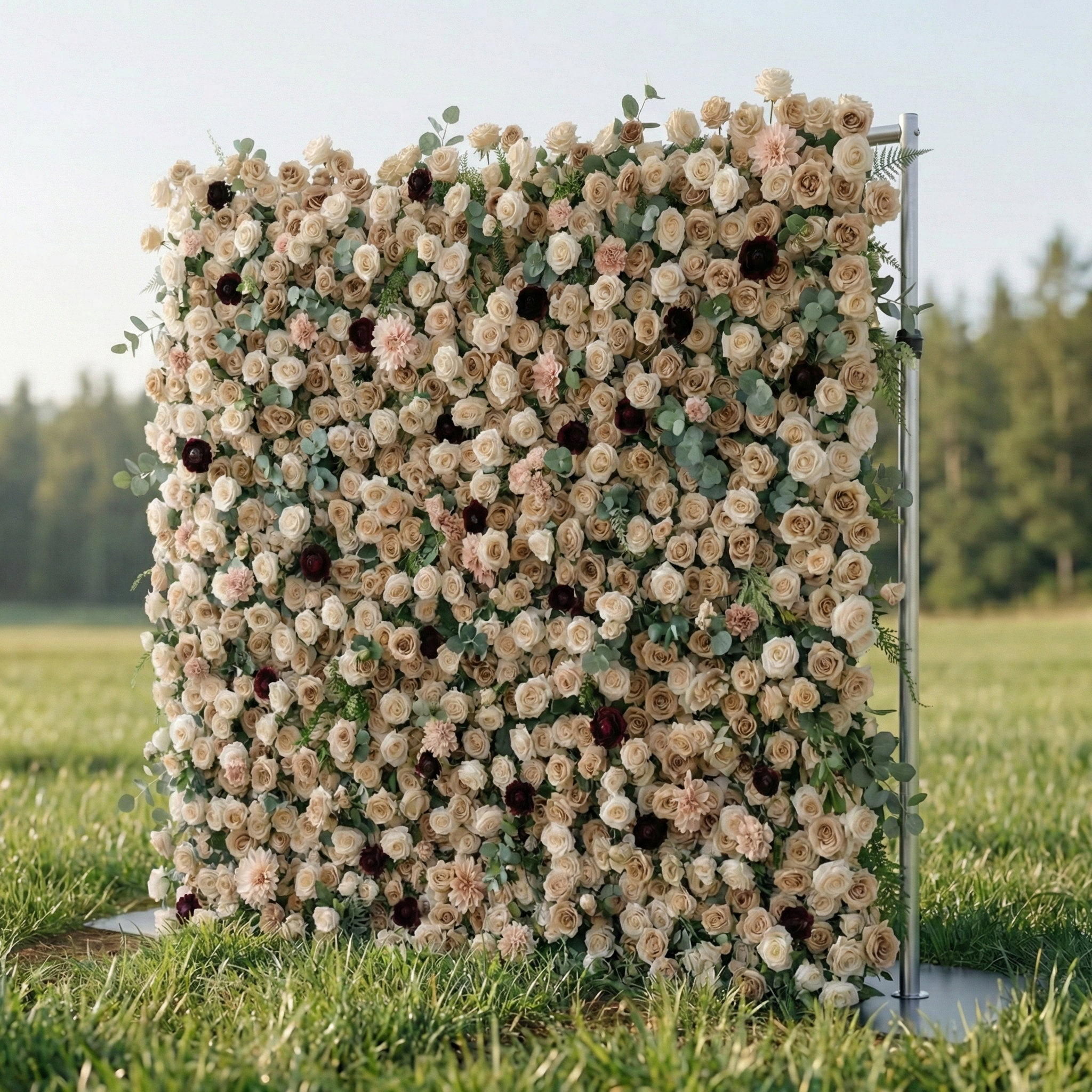 Mireya: 5D Elegant Champagne & Burgundy Silk Rose Flower Wall Roll-Up Fabric Backdrop for Luxury Weddings & Garden Parties