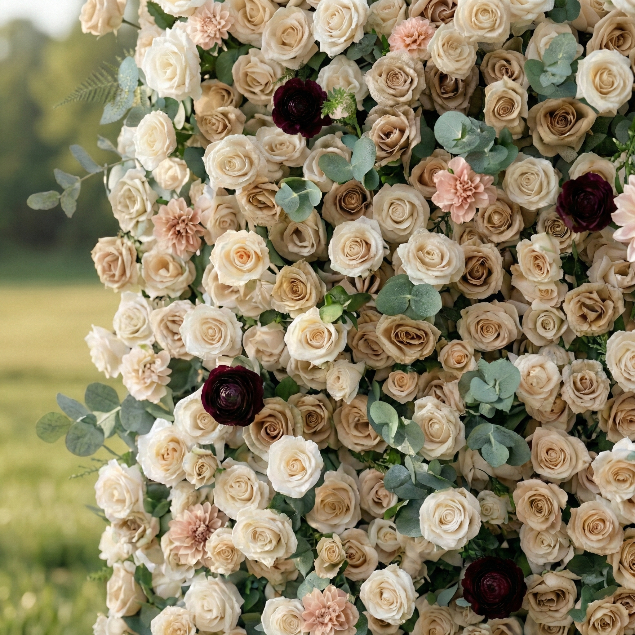 Mireya: 5D Elegant Champagne & Burgundy Silk Rose Flower Wall Roll-Up Fabric Backdrop for Luxury Weddings & Garden Parties