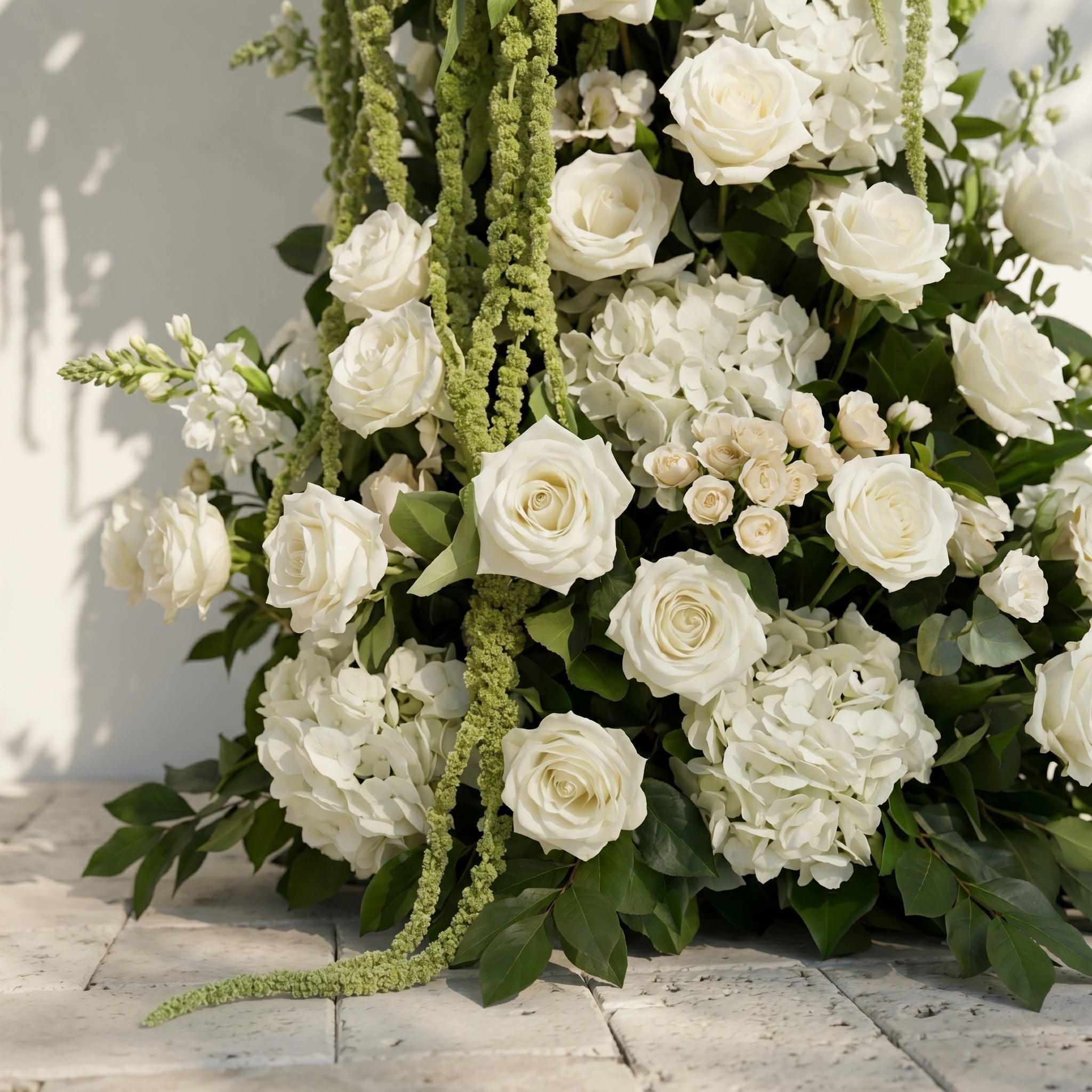 Mirie: Luxury Ivory White & Fresh Green Silk Floral Ground Horn Arch Arrangement with Cascading Amaranthus Greenery for Romantic Minimalist Weddings & Garden Event Decor Including Frame