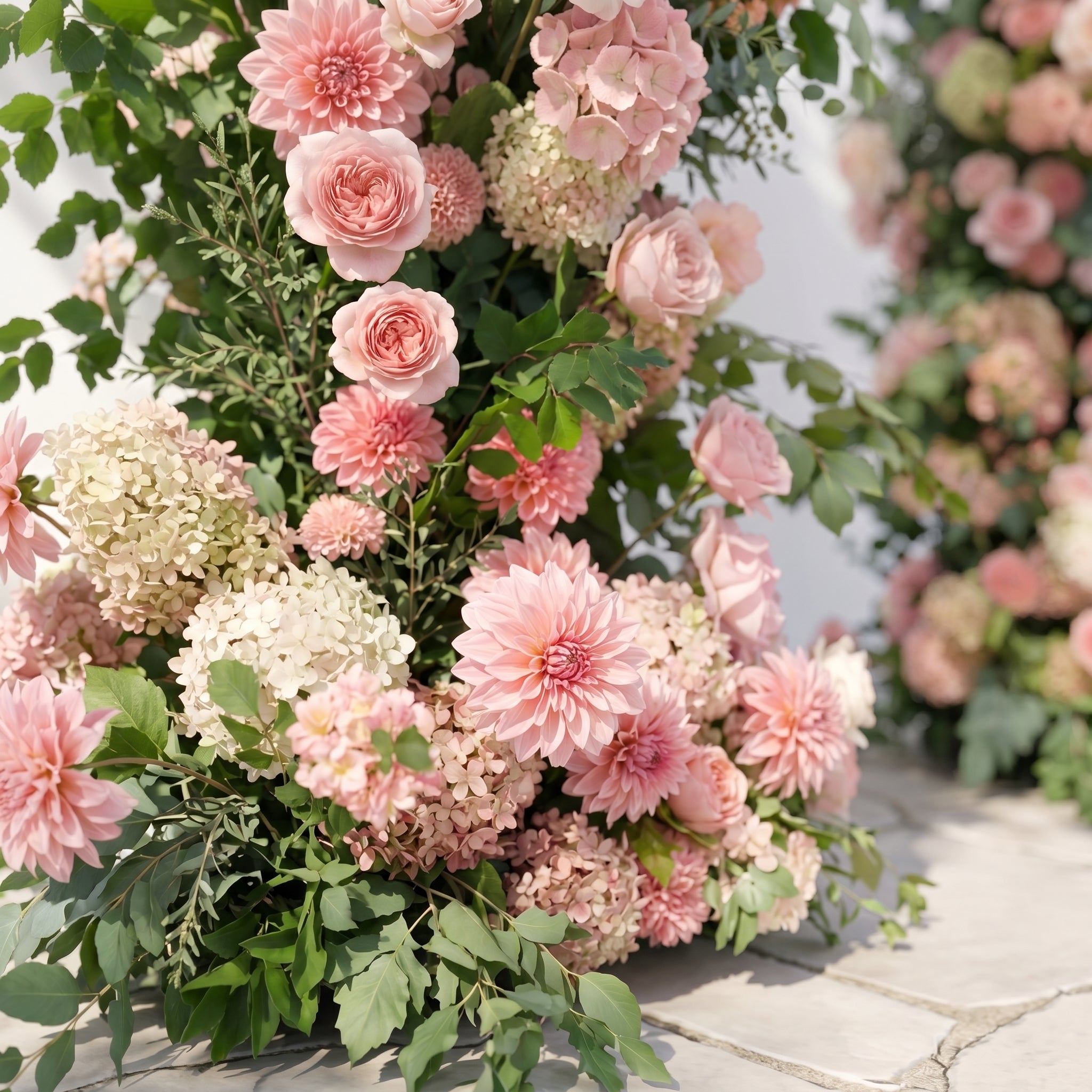 Norenavia: Luxury Blush Pink & Soft Peach Floral Horn Arch Arrangement with Cascading Lush Greenery for Romantic Outdoor Garden Wedding & Ceremony Event Decor Including Frame