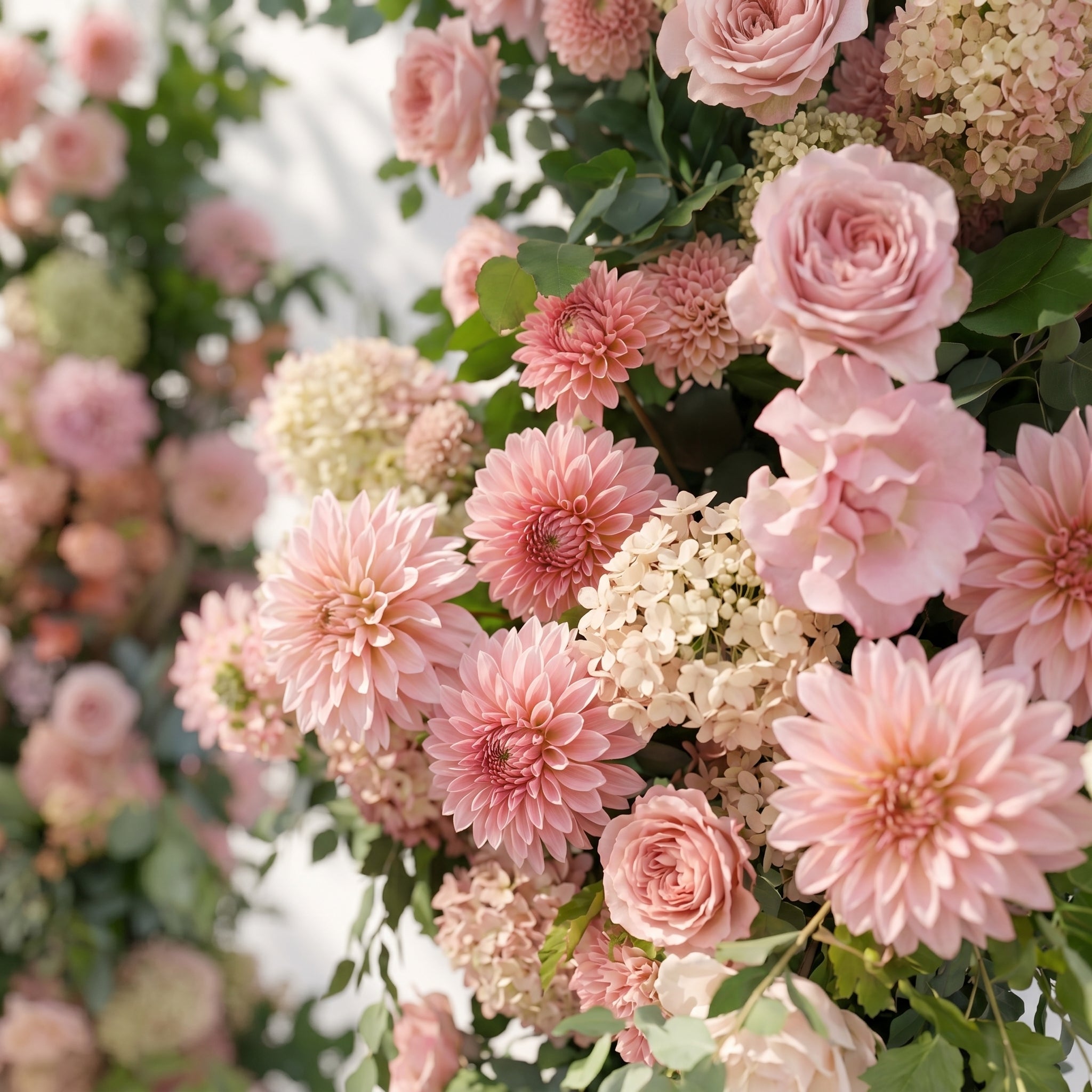 Norenavia: Luxury Blush Pink & Soft Peach Floral Horn Arch Arrangement with Cascading Lush Greenery for Romantic Outdoor Garden Wedding & Ceremony Event Decor Including Frame