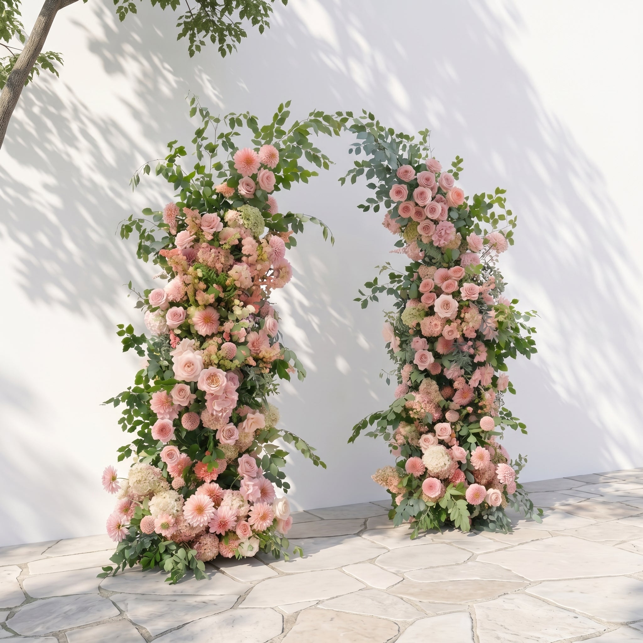 Norenavia: Luxury Blush Pink & Soft Peach Floral Horn Arch Arrangement with Cascading Lush Greenery for Romantic Outdoor Garden Wedding & Ceremony Event Decor Including Frame