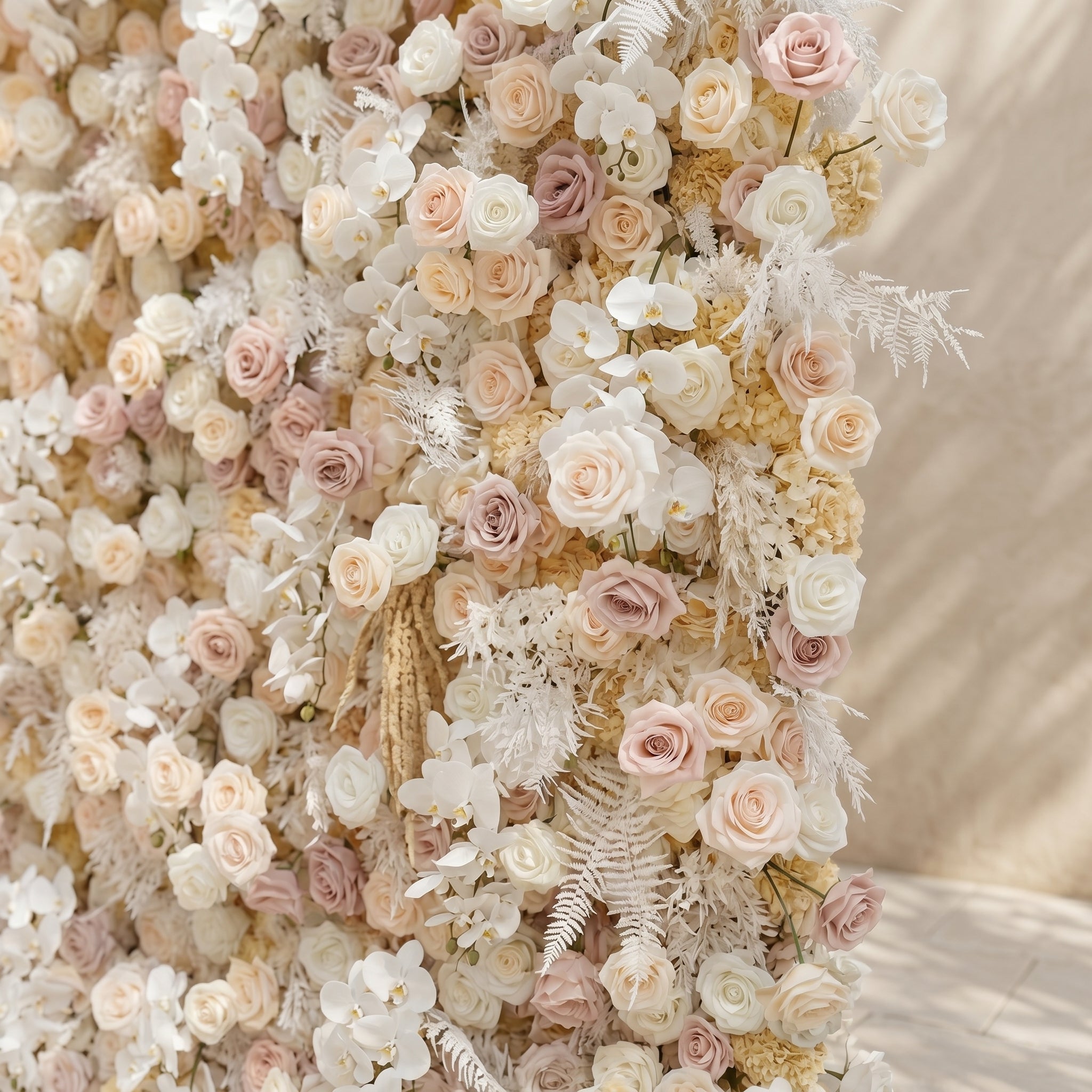 Novmora:5D Neutral Warm Cream Peach & Blush Pink Silk Rose Flower Wall Roll-Up Fabric Backdrop for Romantic Weddings & Proposals