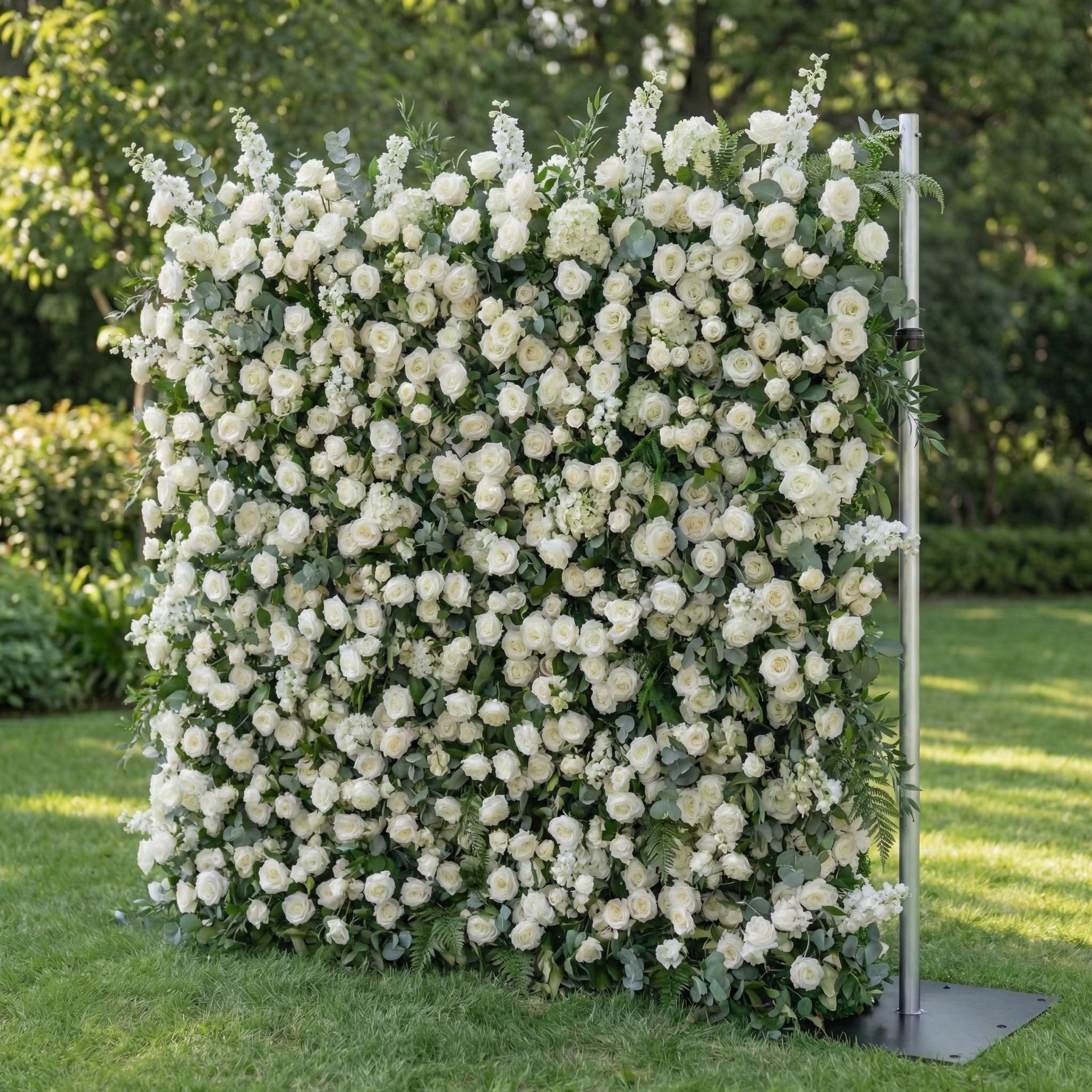 Orin: 5D Elegant White Silk Rose & Greenery Wall Roll-Up Fabric Backdrop for Grand Garden Weddings & Receptions