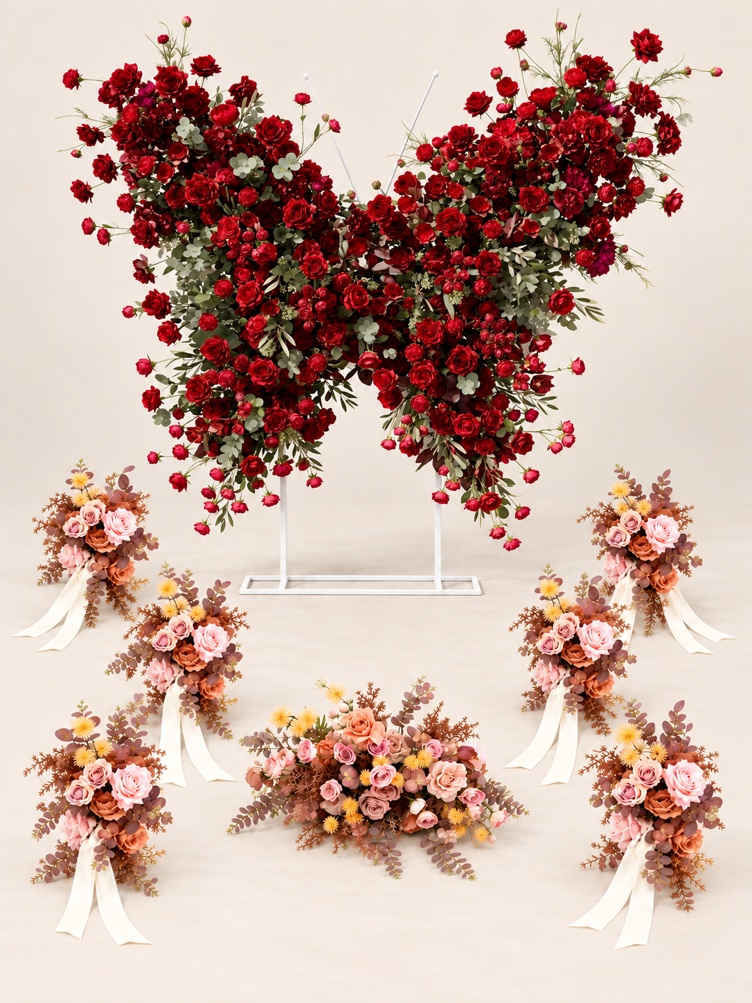 Enchanting Burgundy & Dusty Blush Wedding Welcome Flower Package: Orlisse Butterfly Flower Wall, Vera Welcome Sign Flower and Chair Flowers (6pcs)