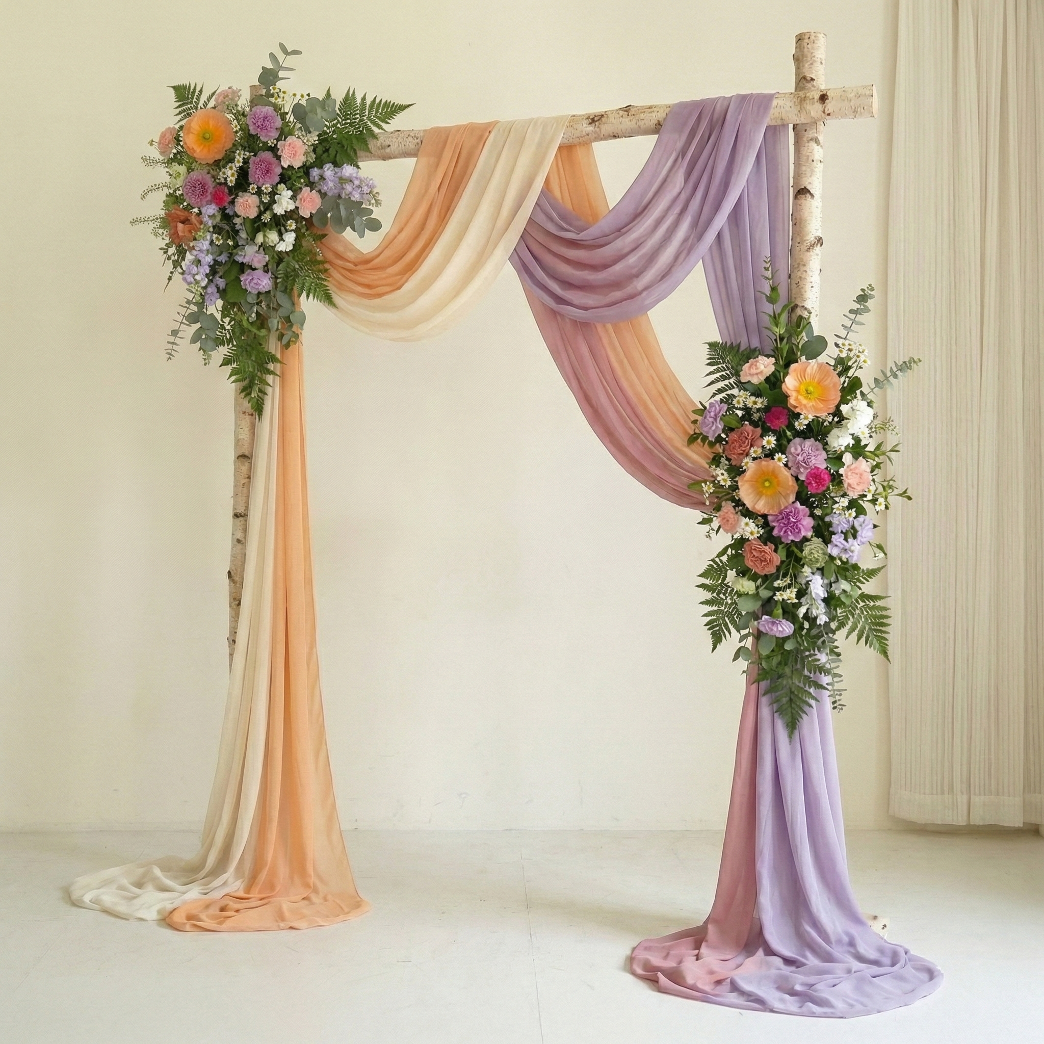 Pastel Wedding Arch Flowers Swag with Sheer Drapes Set for Garden Ceremony and Bridal Shower Decor