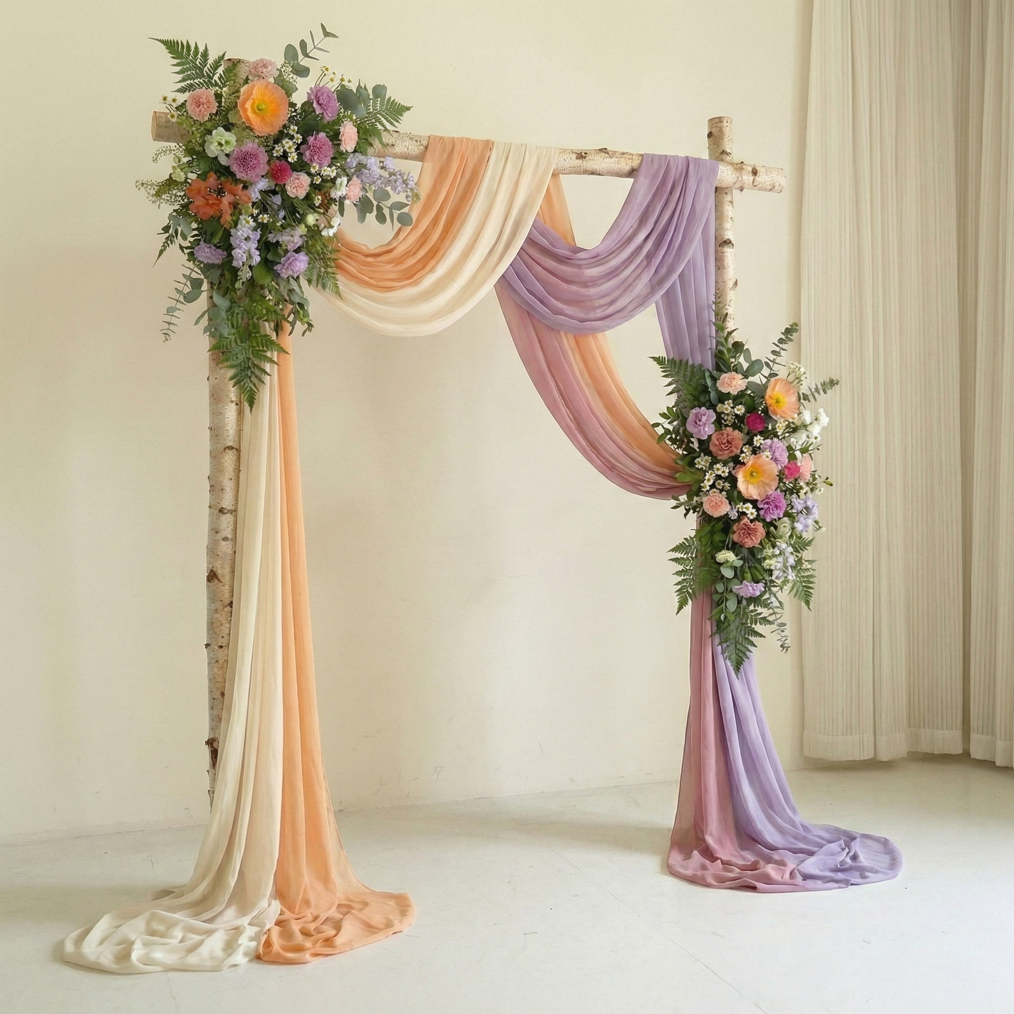 Pastel Wedding Arch Flowers Swag with Sheer Drapes Set for Garden Ceremony and Bridal Shower Decor
