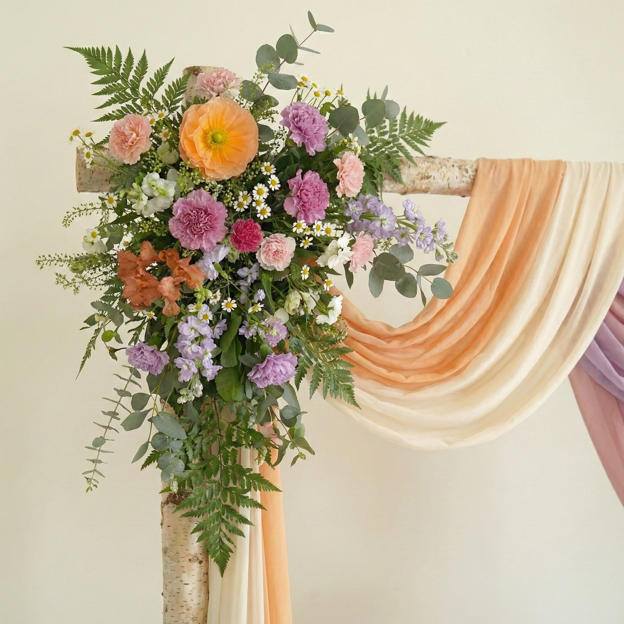 Pastel Wedding Arch Flowers Swag with Sheer Drapes Set for Garden Ceremony and Bridal Shower Decor