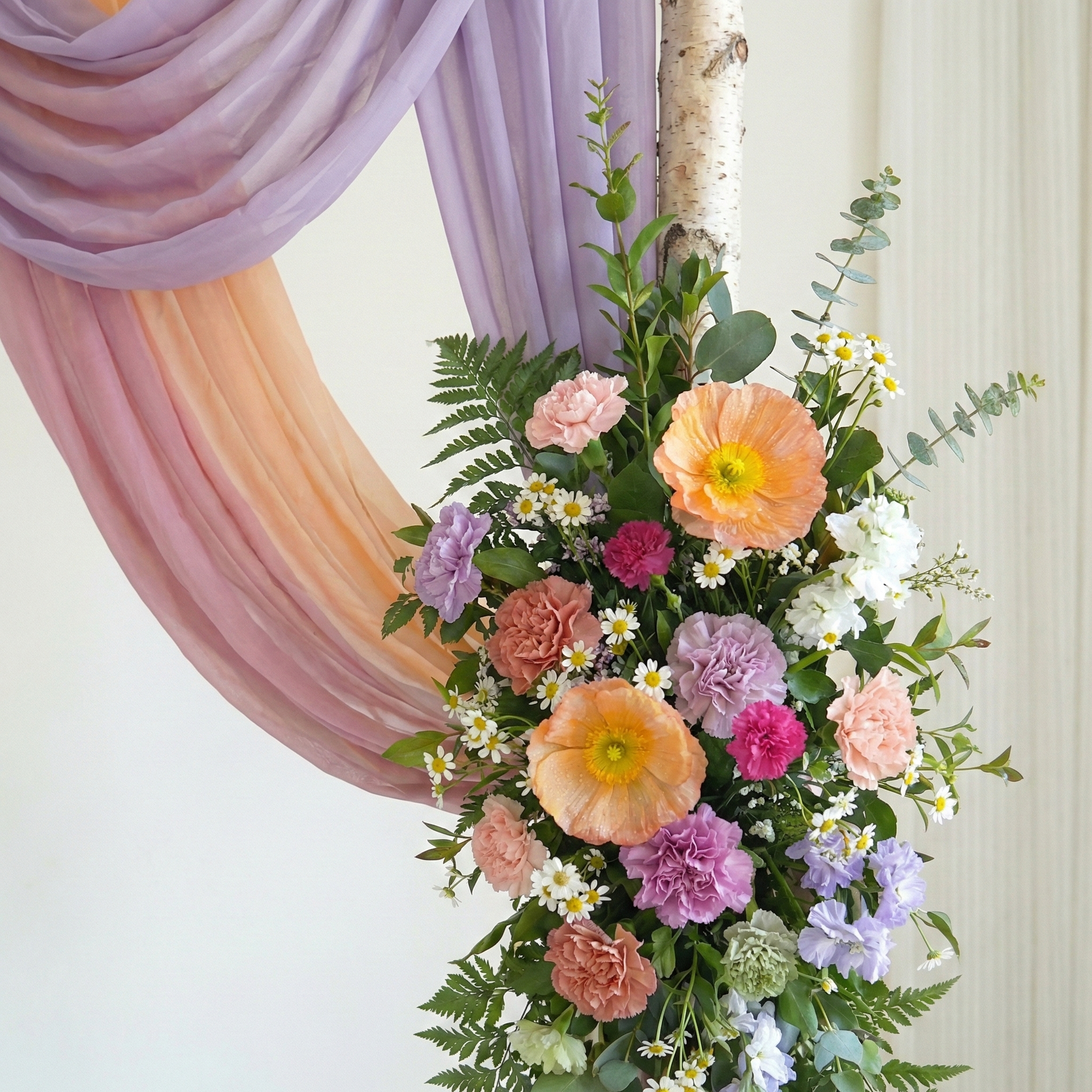 Pastel Wedding Arch Flowers Swag with Sheer Drapes Set for Garden Ceremony and Bridal Shower Decor