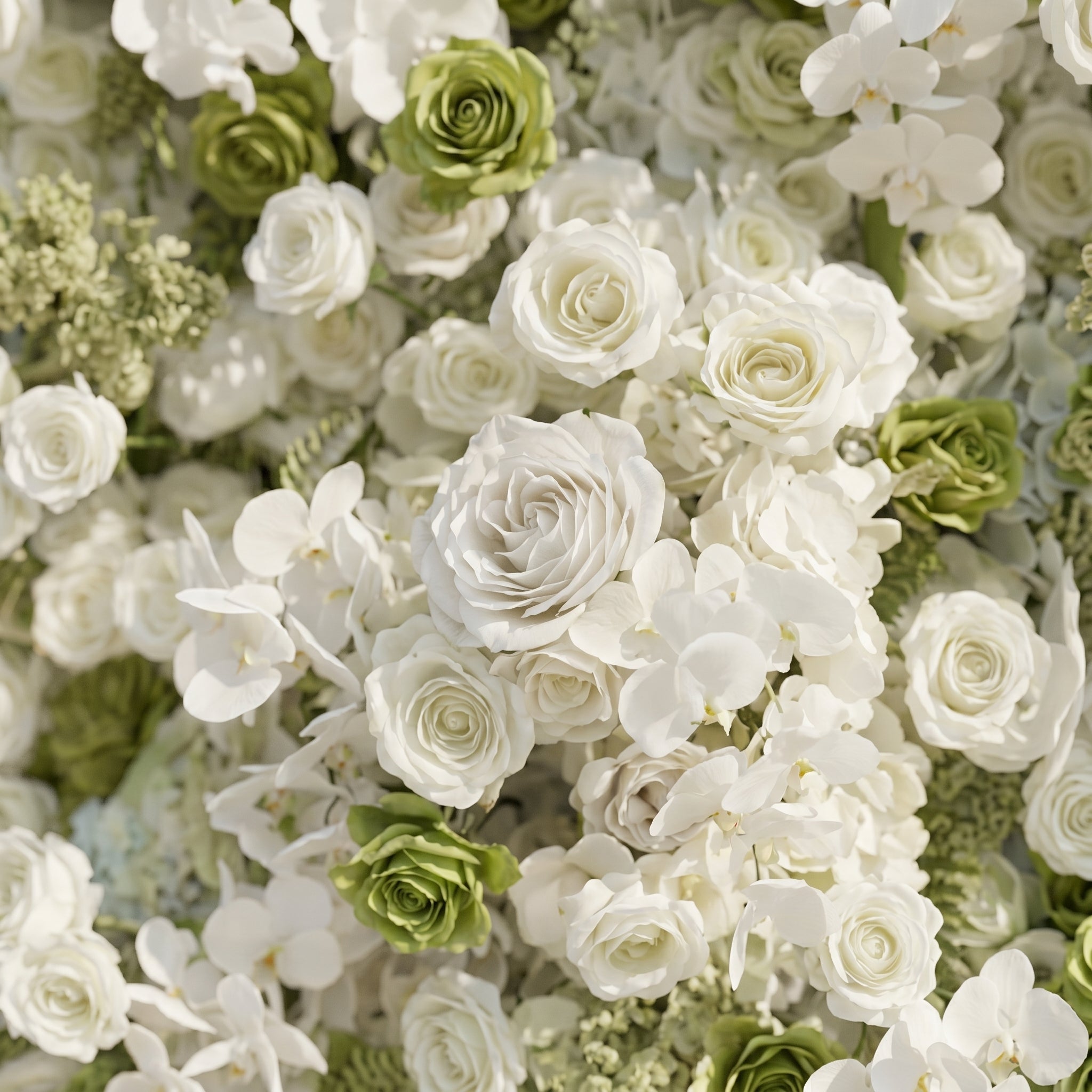 Ravalia: Luxury 5D White & Sage Green Silk Floral Wall Roll-Up Backdrop for Elegant Minimalist Weddings