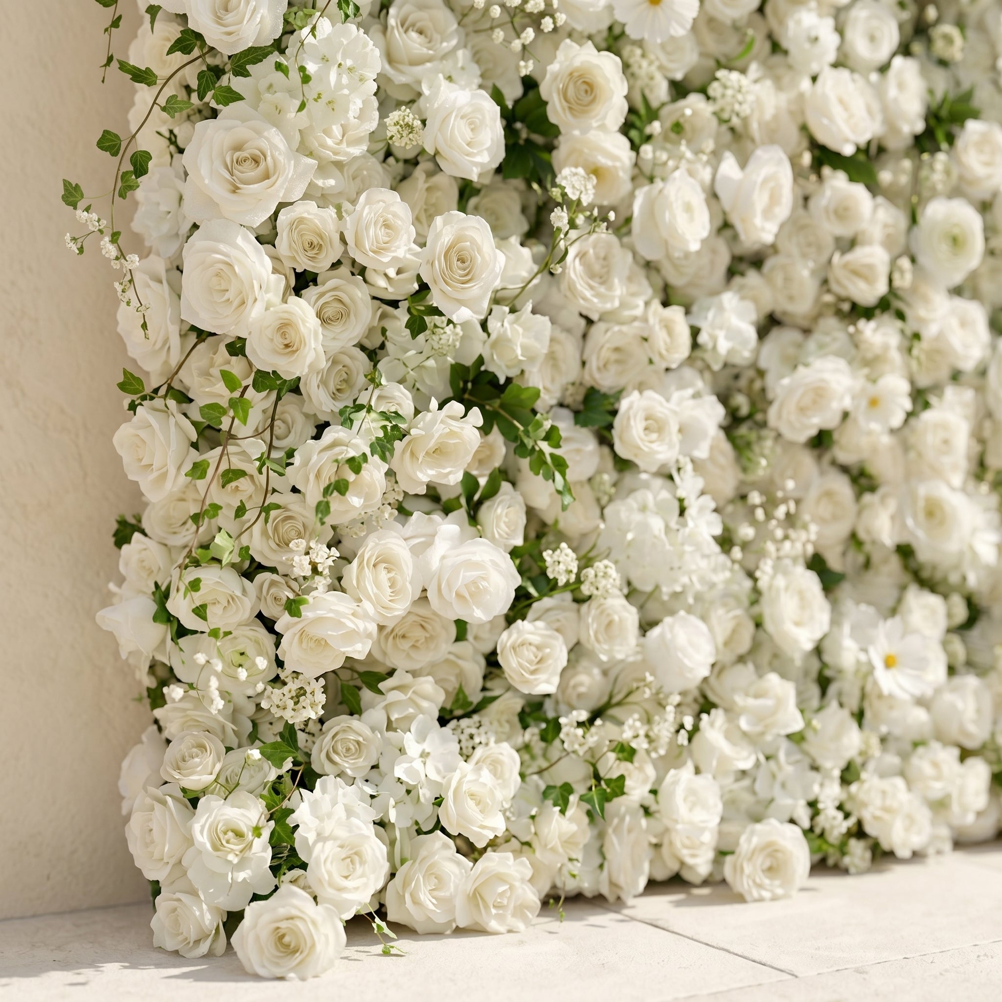 Rosiva:Luxury 5D All-White Floral Wall with Greenery Roll-Up Backdrop for Rustic Garden Weddings