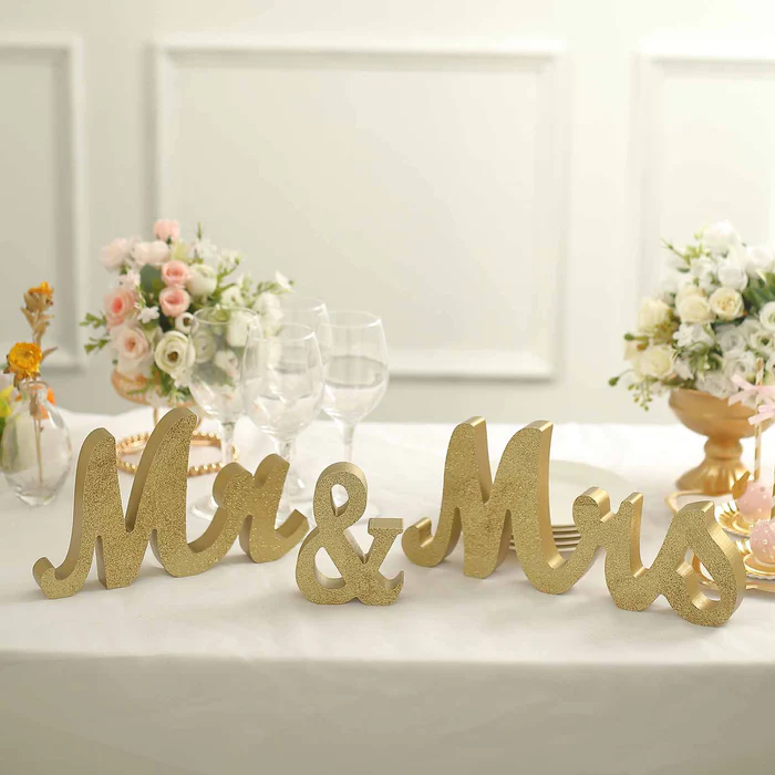 S006: Gold Color Wooden "Mr & Mrs" Wedding Table Display Signs Rose Morning