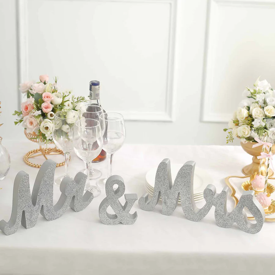 S007: Silver Color Wooden "Mr & Mrs" Wedding Table Display Signs Rose Morning