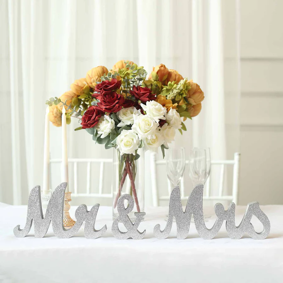 S007: Silver Color Wooden "Mr & Mrs" Wedding Table Display Signs Rose Morning