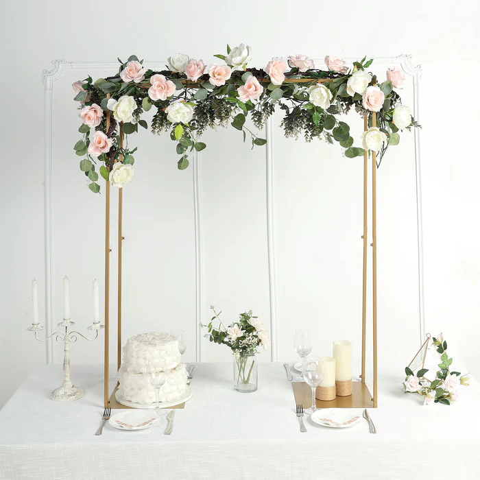 This Gold Adjustable Table Top Metal Flower Arch Holder is the perfect decoration for any wedding or event. It is made of high-quality metal, which is very durable. The arches are made of adjustable metal frames and are topped with a pergola. The flower stand can be decorated with fresh flowers to create a beautiful backdrop. The perfect addition to any wedding or event, this arch is sure to impress your guests.