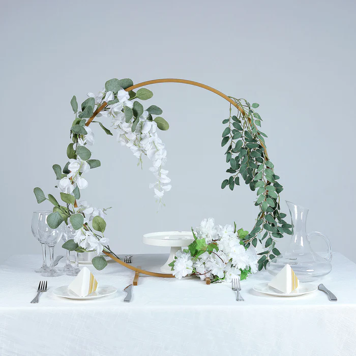 S025: Gold Round Arch Wedding Centerpiece Metal Hoop Wreath Tabletop Decor Rose Morning