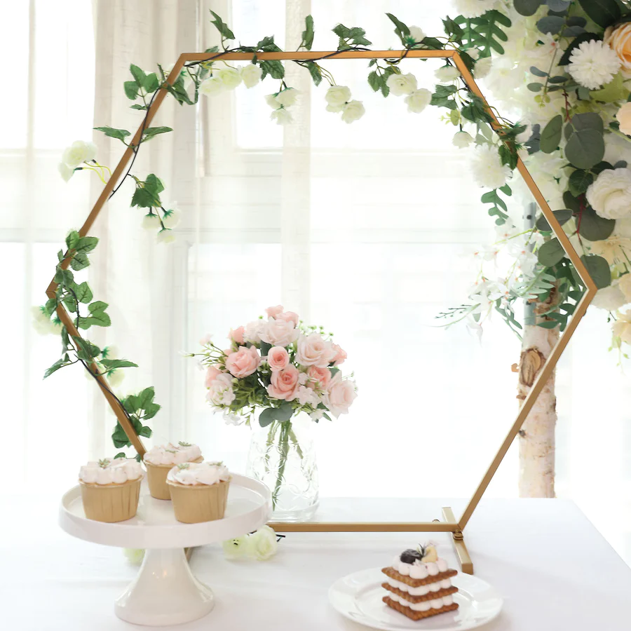 S029: Gold Metal Hexagon Self Standing Flower Balloon Frame Wedding Arch Table Centerpiece Stand Rose Morning