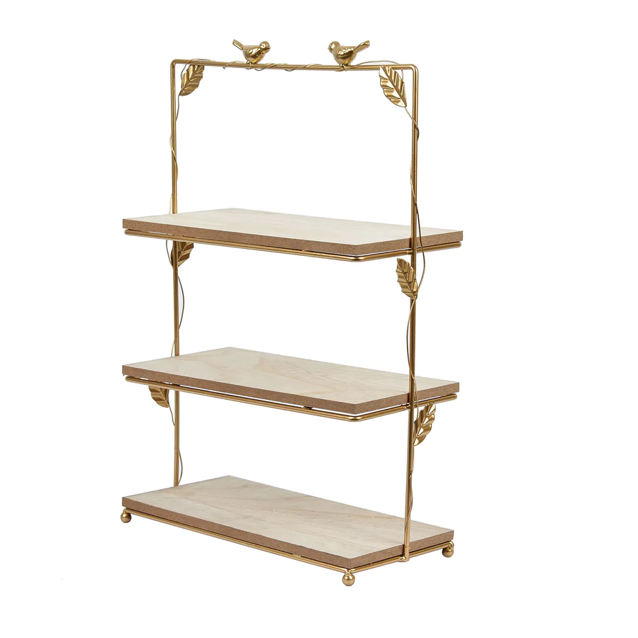 S033: 3-Tier Rectangular Gold/Wood Slice Cheese Board Cupcake Stand Tower Rose Morning