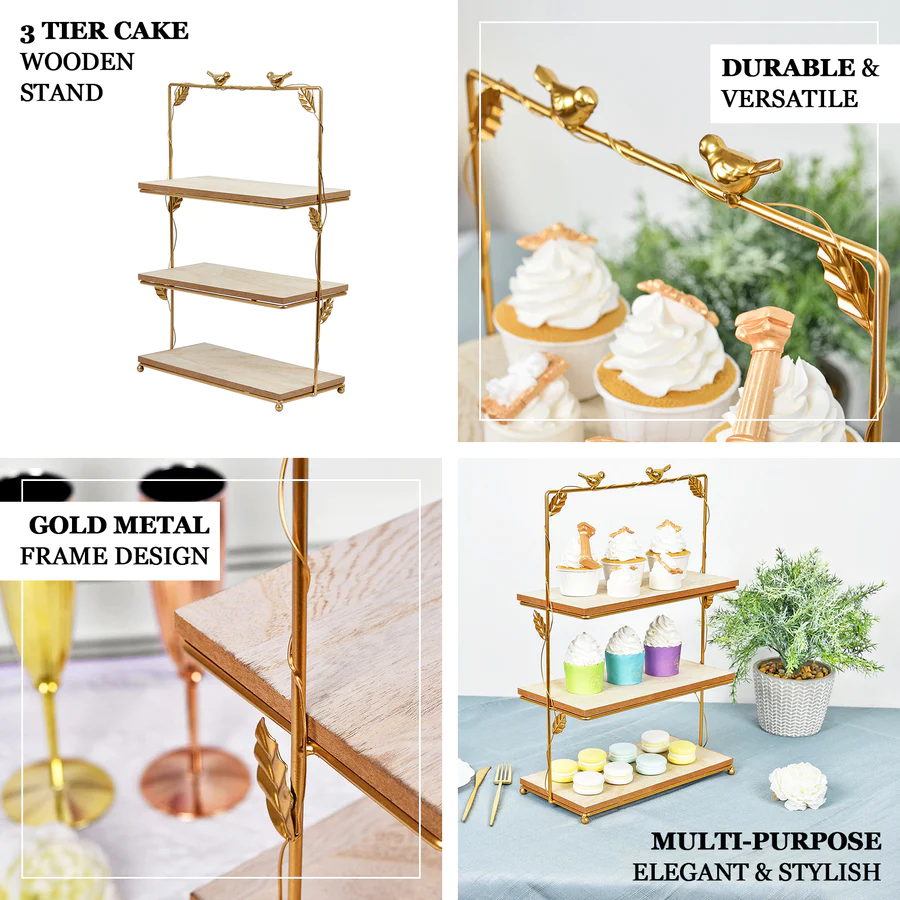 S033: 3-Tier Rectangular Gold/Wood Slice Cheese Board Cupcake Stand Tower Rose Morning