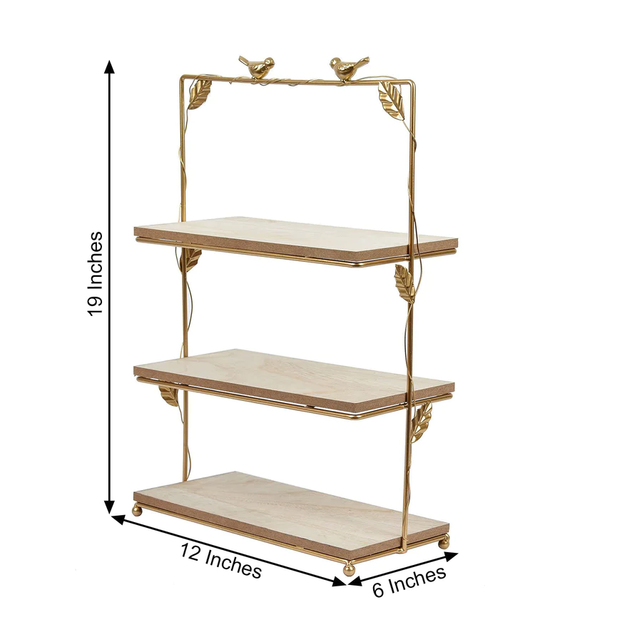 S033: 3-Tier Rectangular Gold/Wood Slice Cheese Board Cupcake Stand Tower Rose Morning
