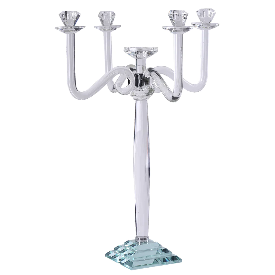 S039: 5 Arm Premium Crystal Glass Taper Candle Holder Candelabra Stand Rose Morning