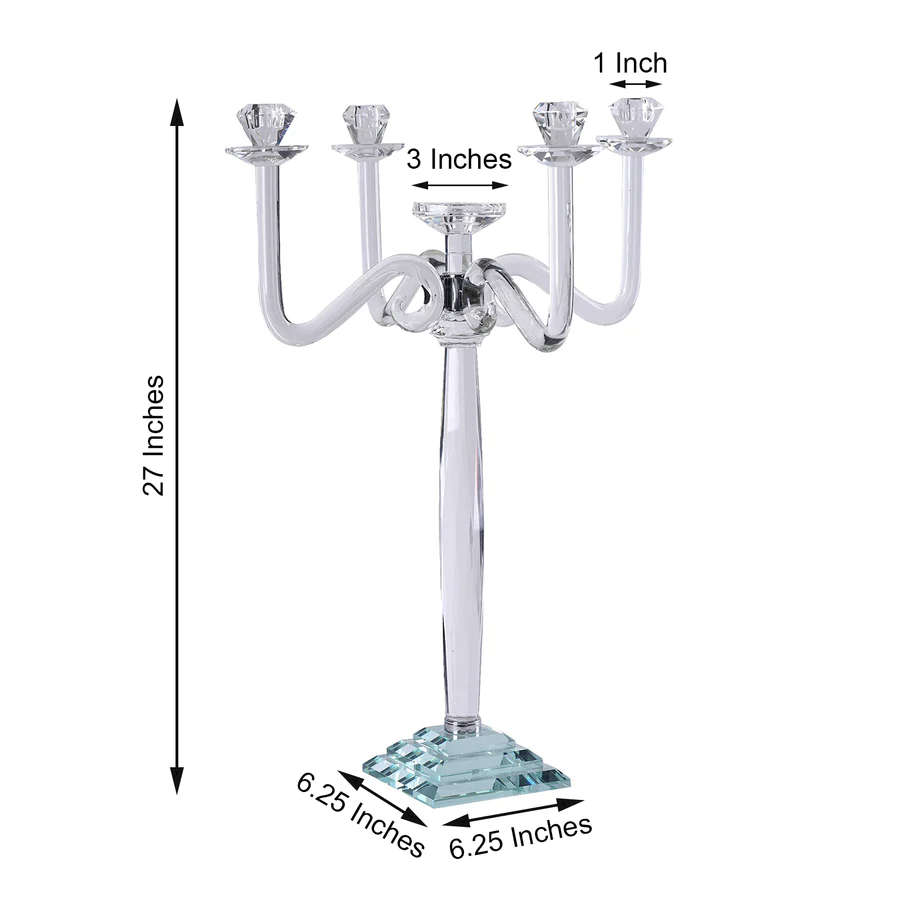 S039: 5 Arm Premium Crystal Glass Taper Candle Holder Candelabra Stand Rose Morning