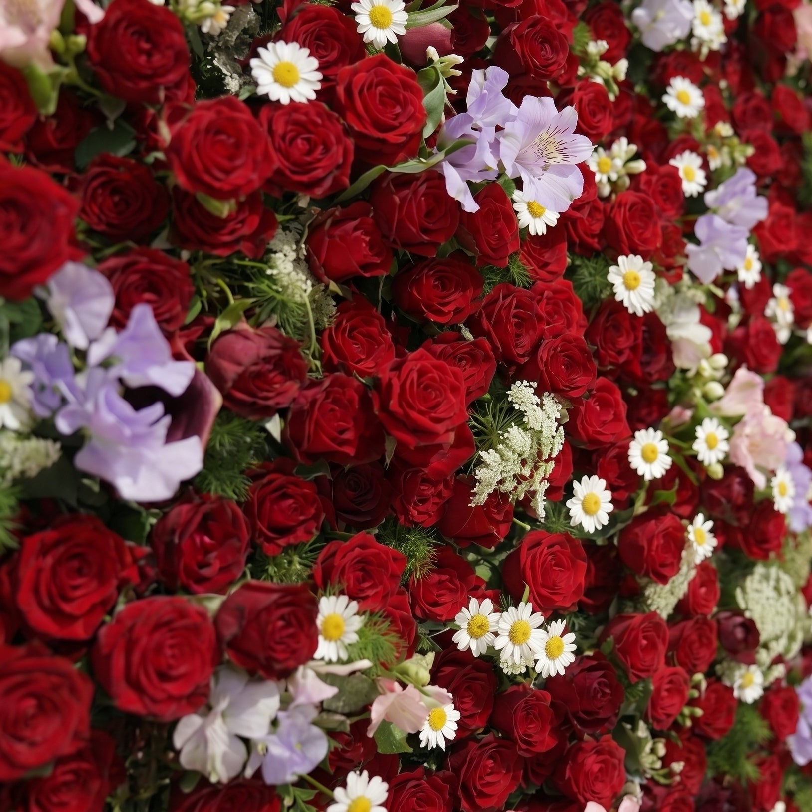 Sabbelle: Luxury 4D Ruby Red Rose Silk Floral Wall Backdrop with White Daisy & Lavender Accents for Romantic Weddings