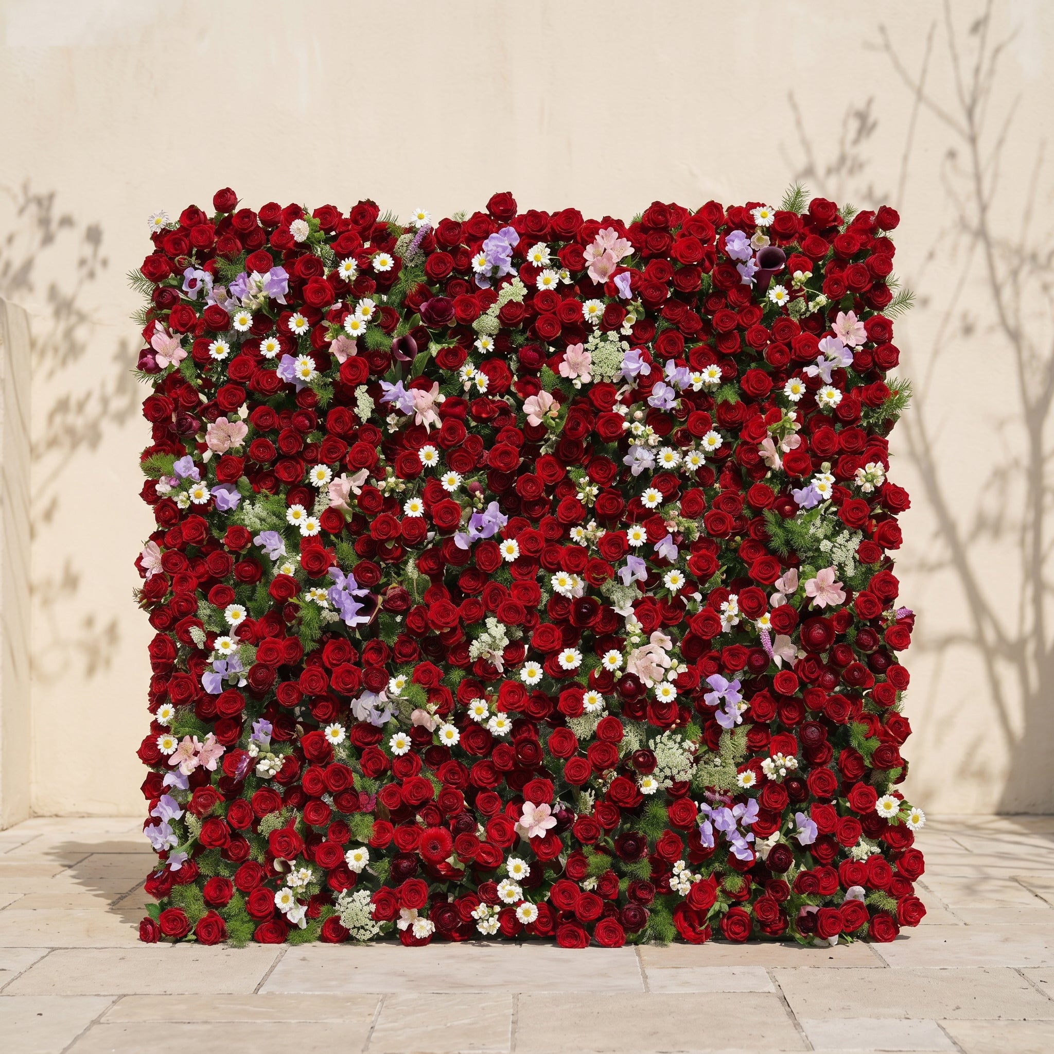 Sabbelle: Luxury 4D Ruby Red Rose Silk Floral Wall Backdrop with White Daisy & Lavender Accents for Romantic Weddings
