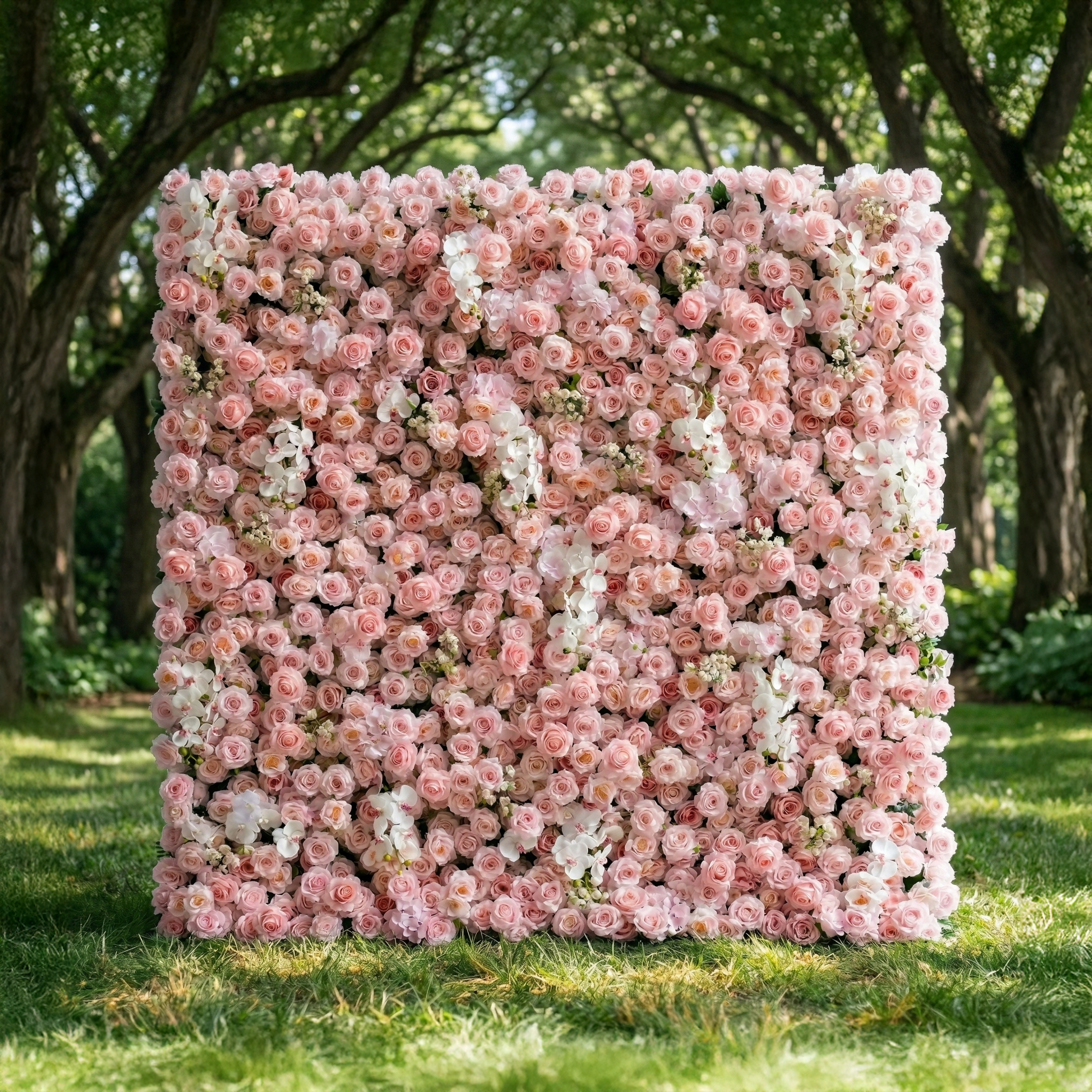 Sabine: 5D Blush Pink Silk Rose Flower Wall with White Orchid for Elegant Weddings & Ballroom Receptions